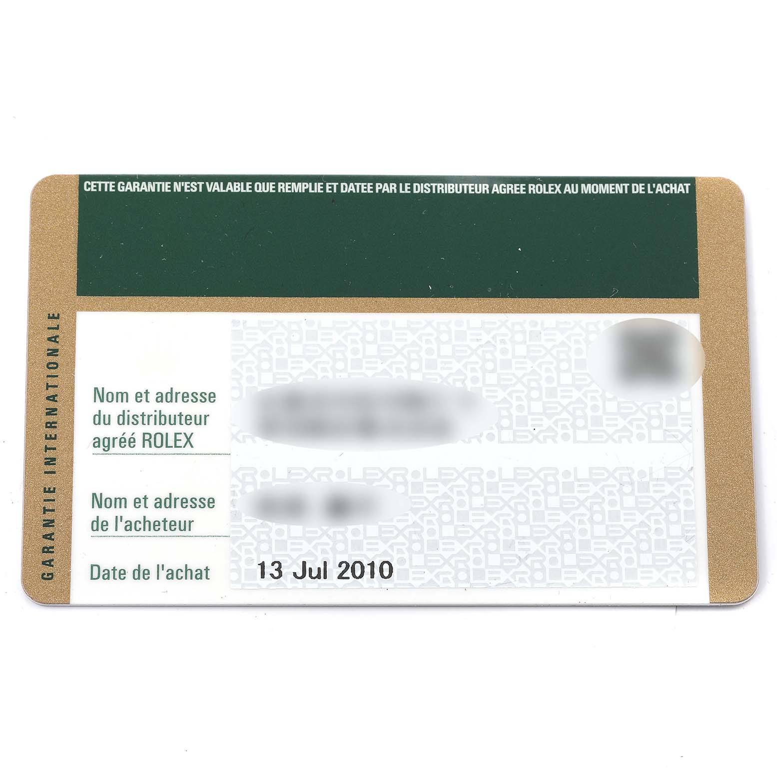 This image shows the international guarantee card for a Rolex Cellini 6111/1 Women's White Gold Silver Dial 6111/1 Women's White Gold Silver Dial model, with details about the distributor and purchase date.