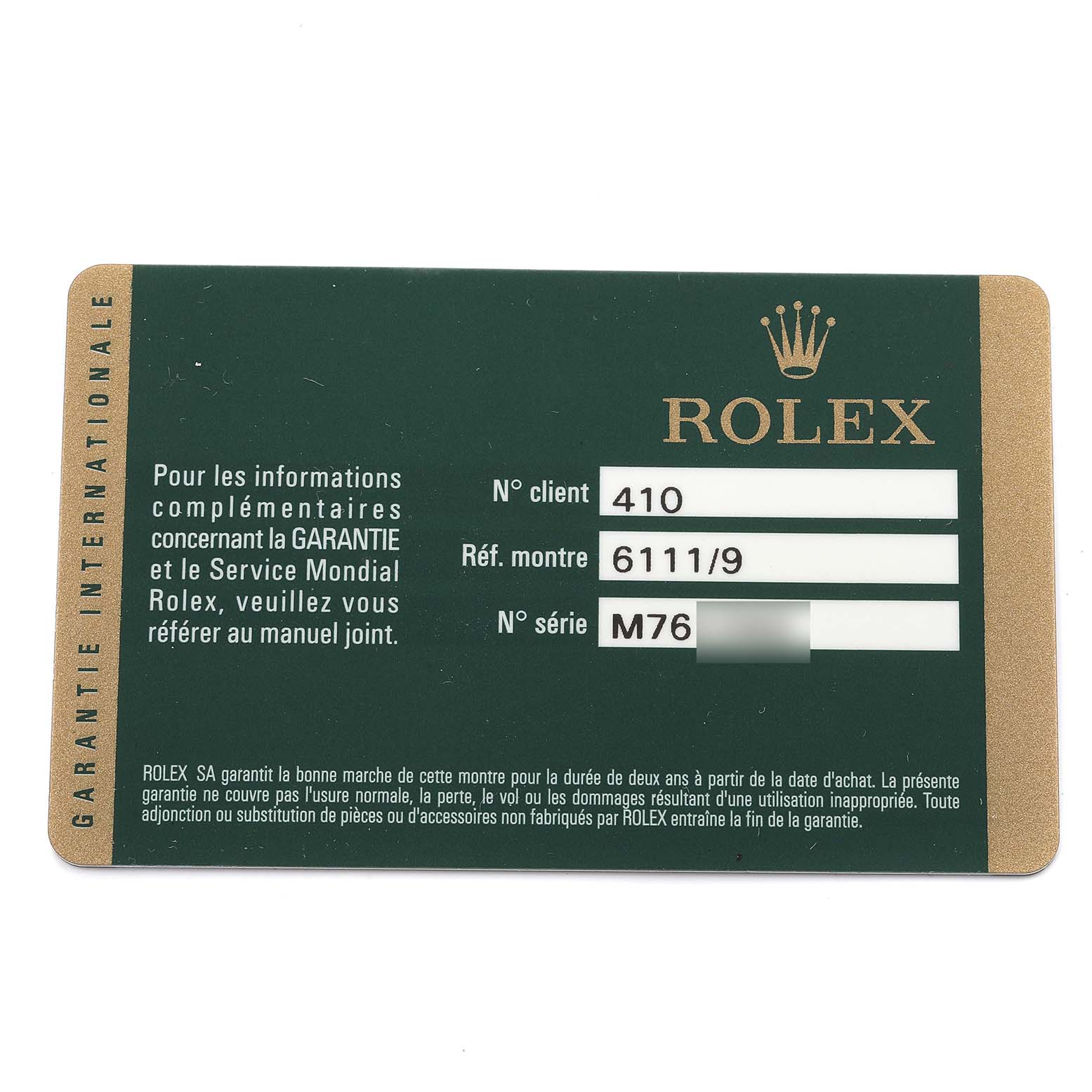 The image shows the warranty card for a Rolex Cellini 6111/1 Women's White Gold Silver Dial 6111/1 Women's White Gold Silver Dial model.