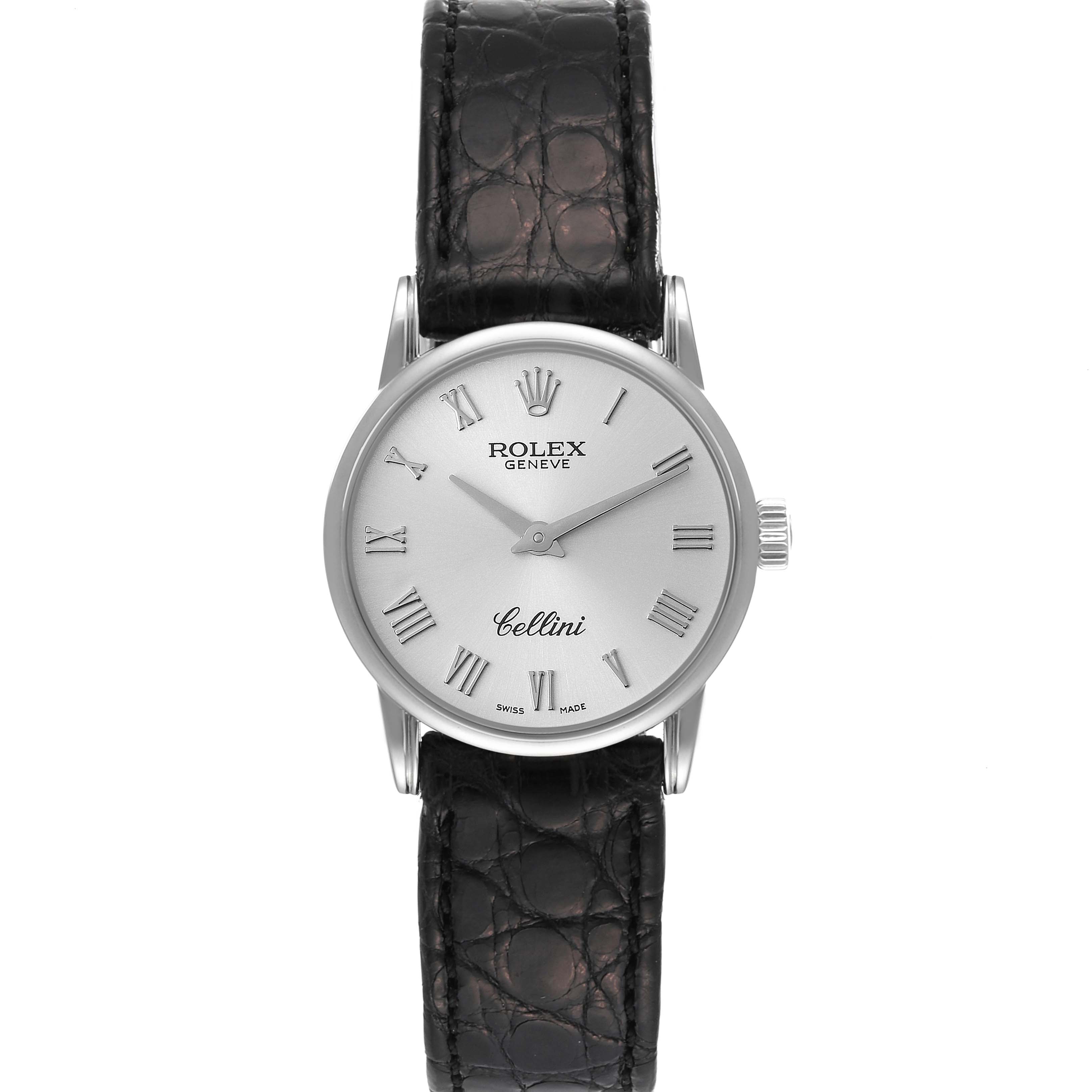 The image shows a front view of a Rolex Cellini 6111/1 Women's White Gold Silver Dial 6111/1 Women's White Gold Silver Dial watch, featuring its dial, case, and leather strap.