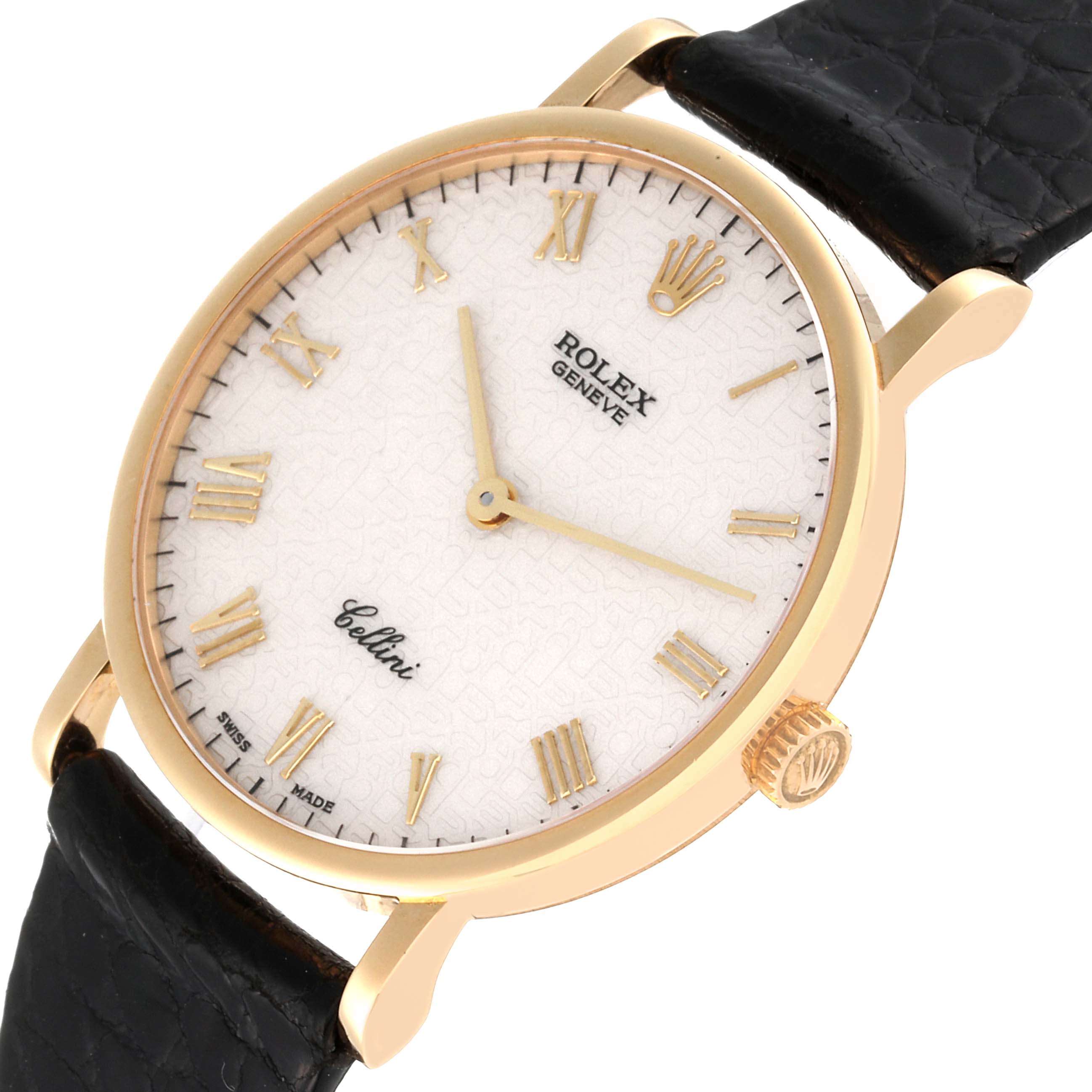 The image shows a Rolex Cellini 5112 Men's Yellow Gold Beige Dial 5112 Men's Yellow Gold Beige Dial watch at a slight angle, highlighting its face, black strap, and crown.