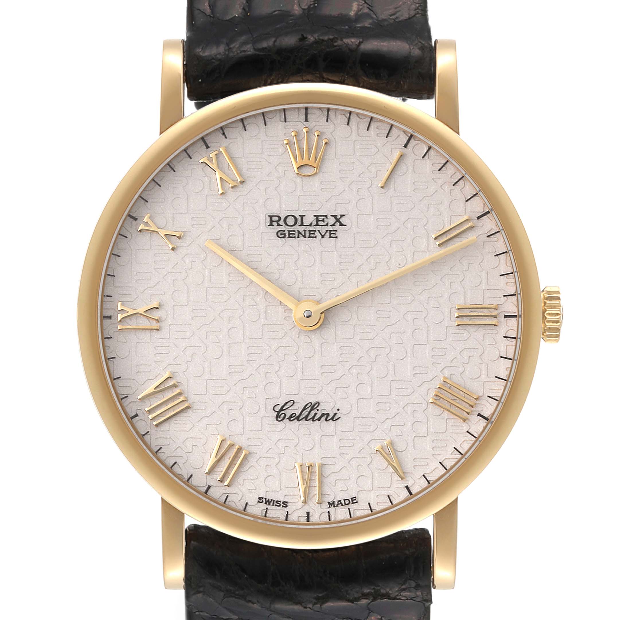 The image shows the front view of a Rolex Cellini 5112 Men's Yellow Gold Beige Dial 5112 Men's Yellow Gold Beige Dial watch, displaying the dial, hands, crown, and part of the strap.