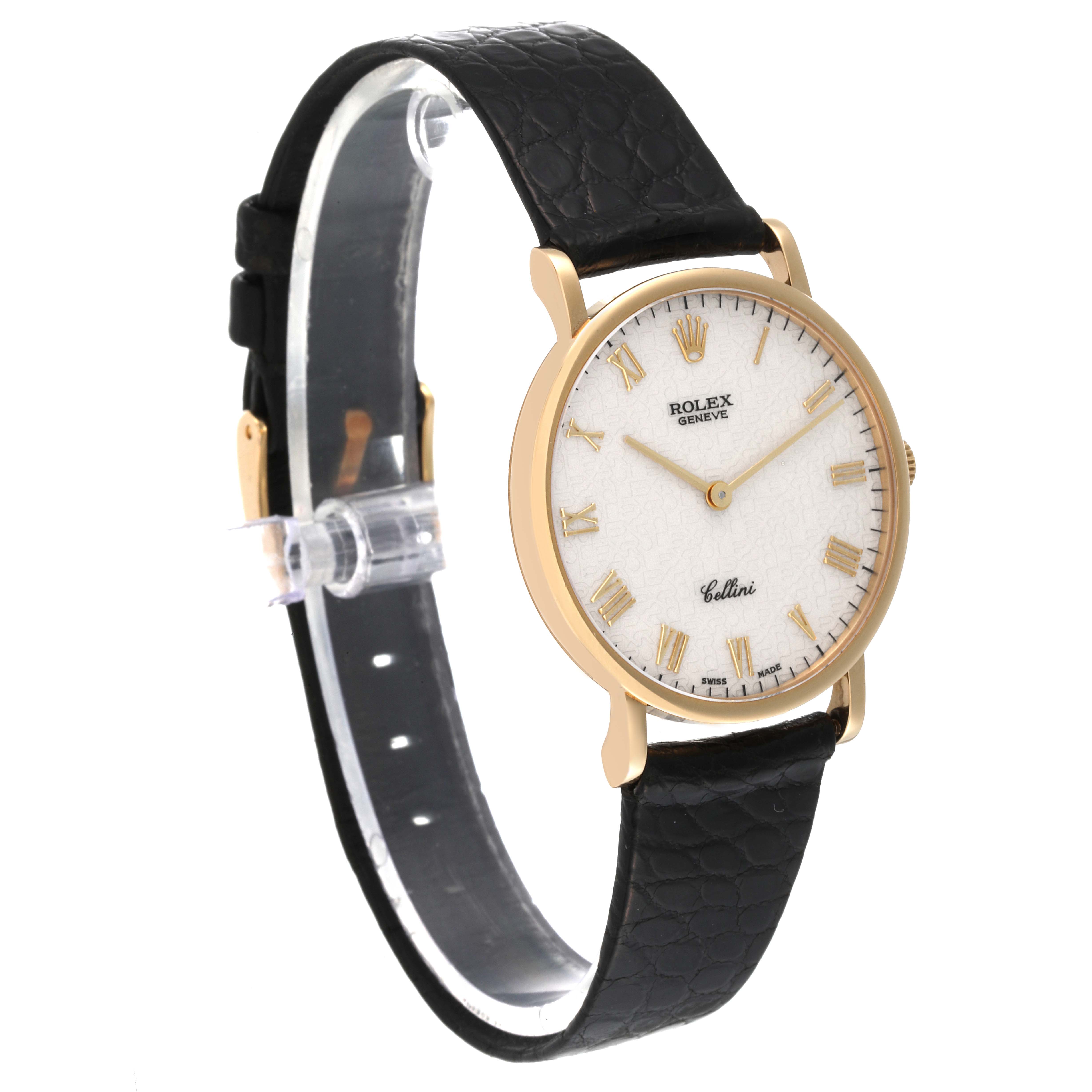 This image shows a Rolex Cellini 5112 Men's Yellow Gold Beige Dial 5112 Men's Yellow Gold Beige Dial watch at a slight angle, displaying the face, bezel, crown, and a black leather strap.