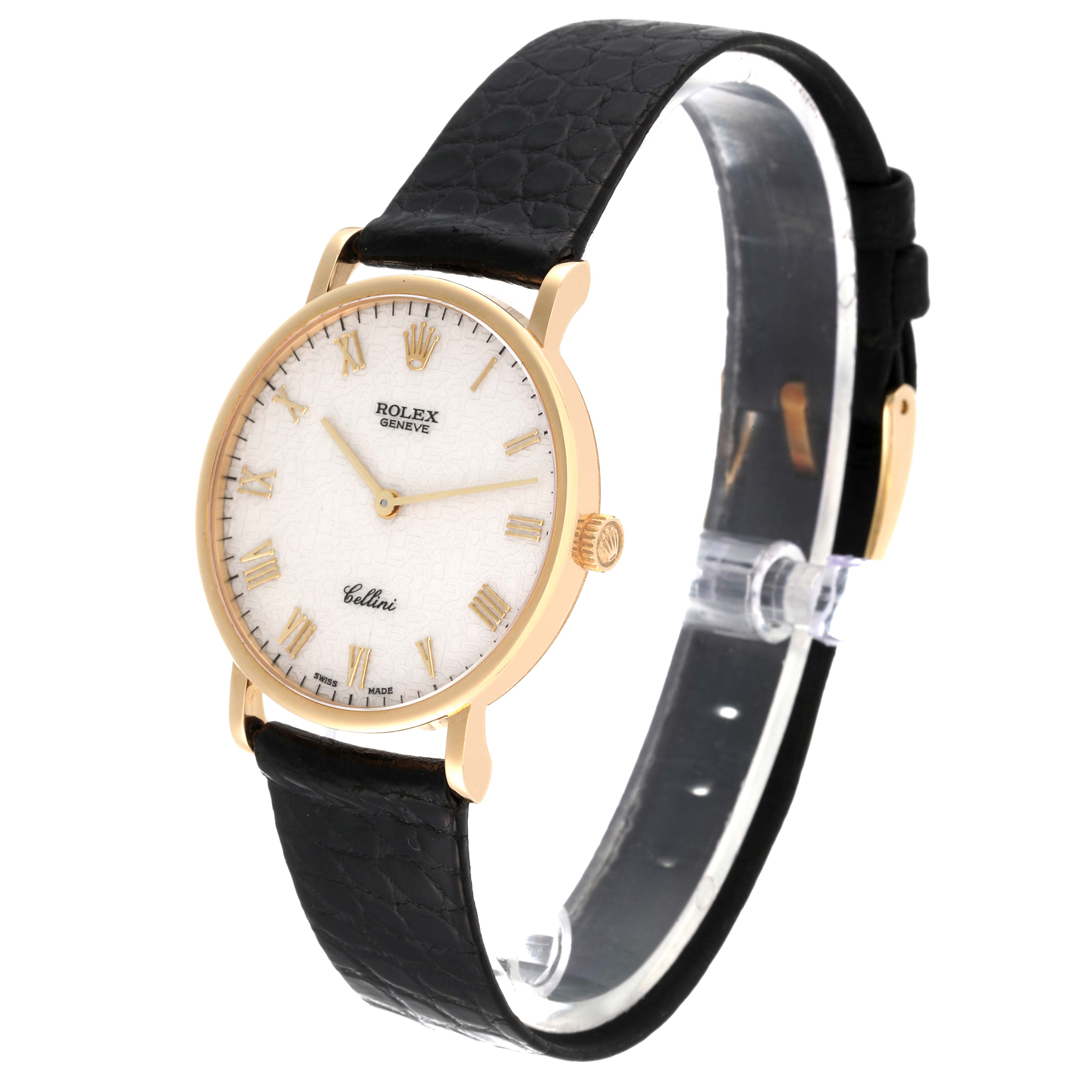 The Rolex Cellini 5112 Men's Yellow Gold Beige Dial 5112 Men's Yellow Gold Beige Dial watch is shown at a slight side angle, displaying its face, black leather strap, and gold case.