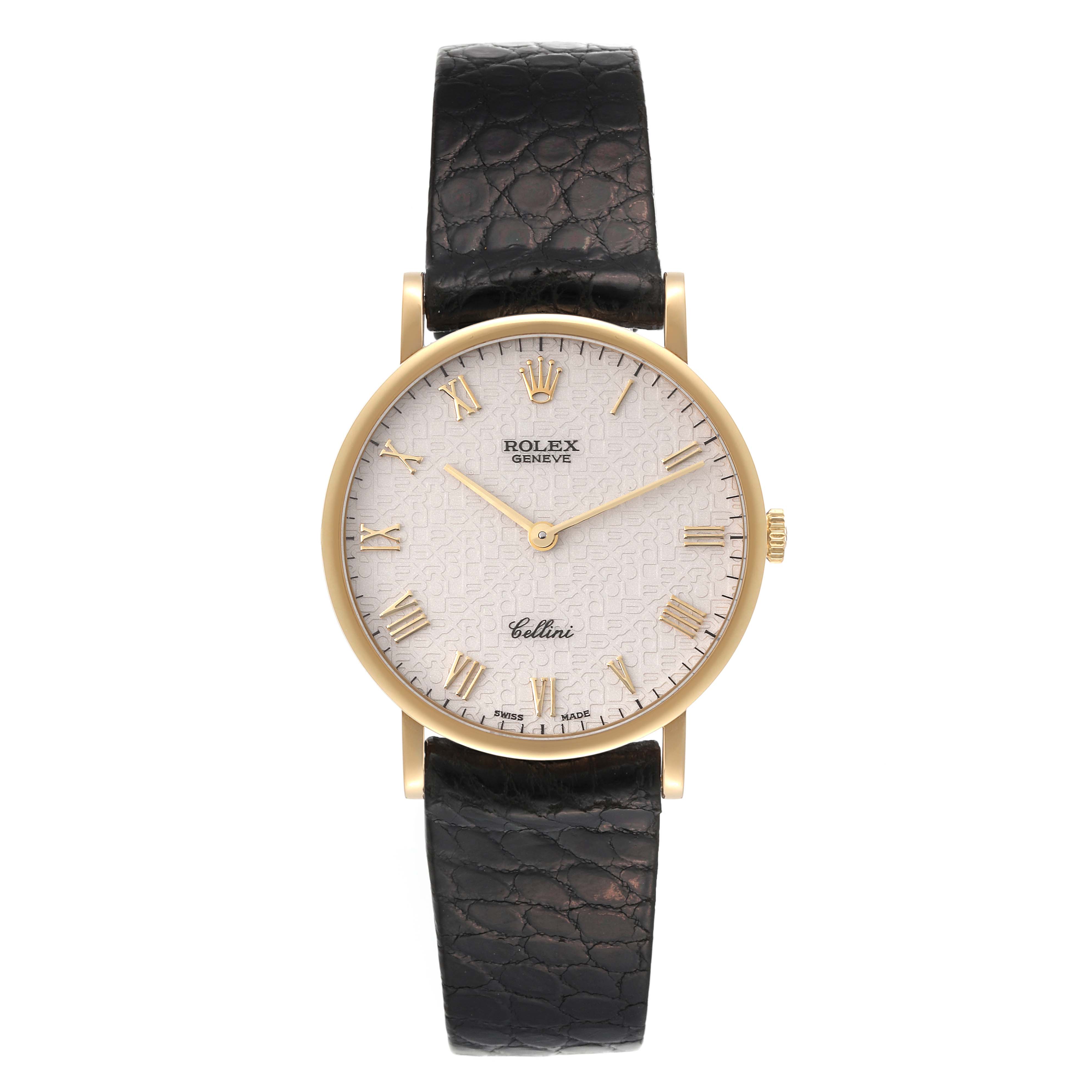 This image shows a Rolex Cellini 5112 Men's Yellow Gold Beige Dial 5112 Men's Yellow Gold Beige Dial watch from a front view, displaying its face, gold bezel, crown, and black leather strap.