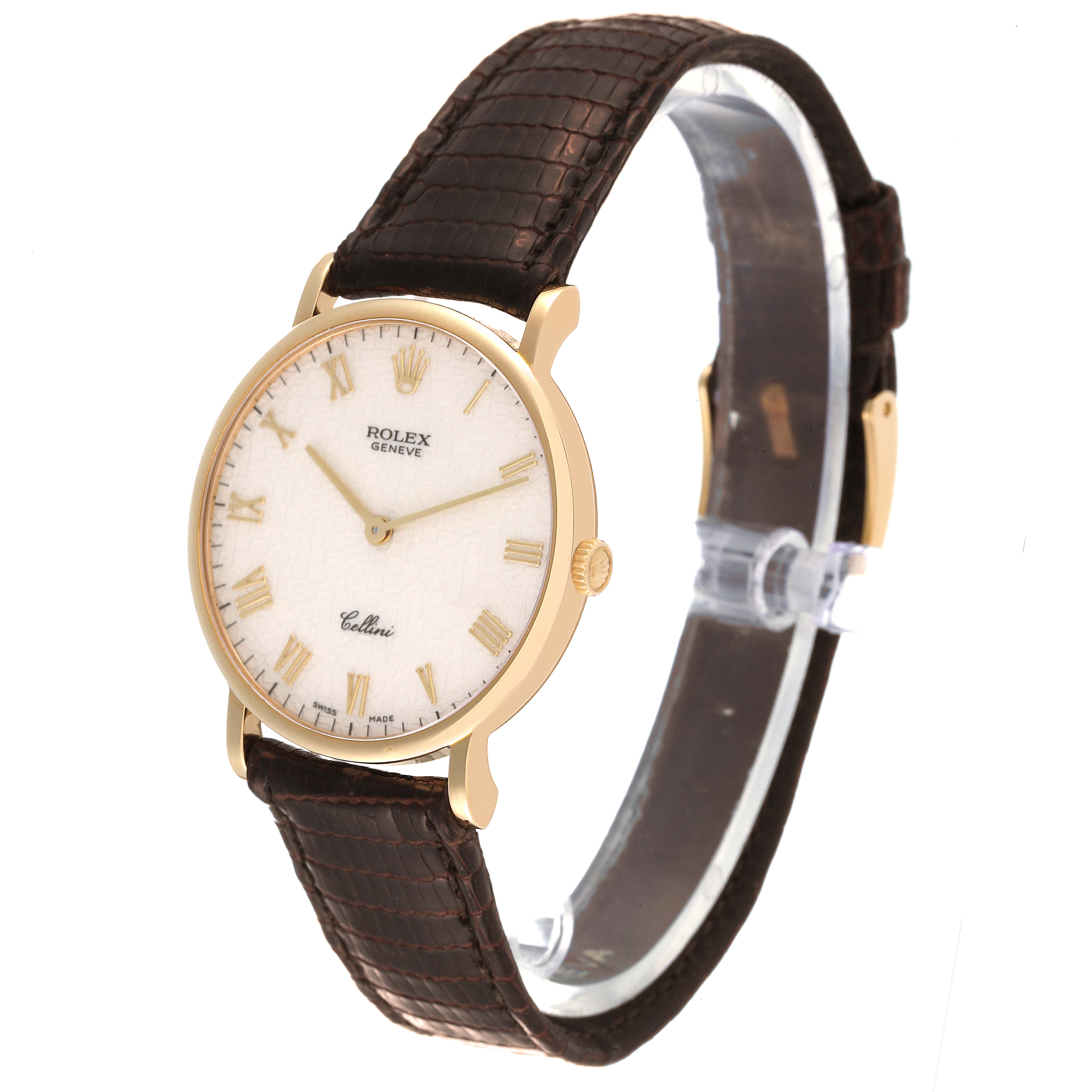This image shows a Rolex Cellini 5112 Men's Yellow Gold Beige Dial 5112 Men's Yellow Gold Beige Dial watch at an angled side view, highlighting its face, case, and leather strap.