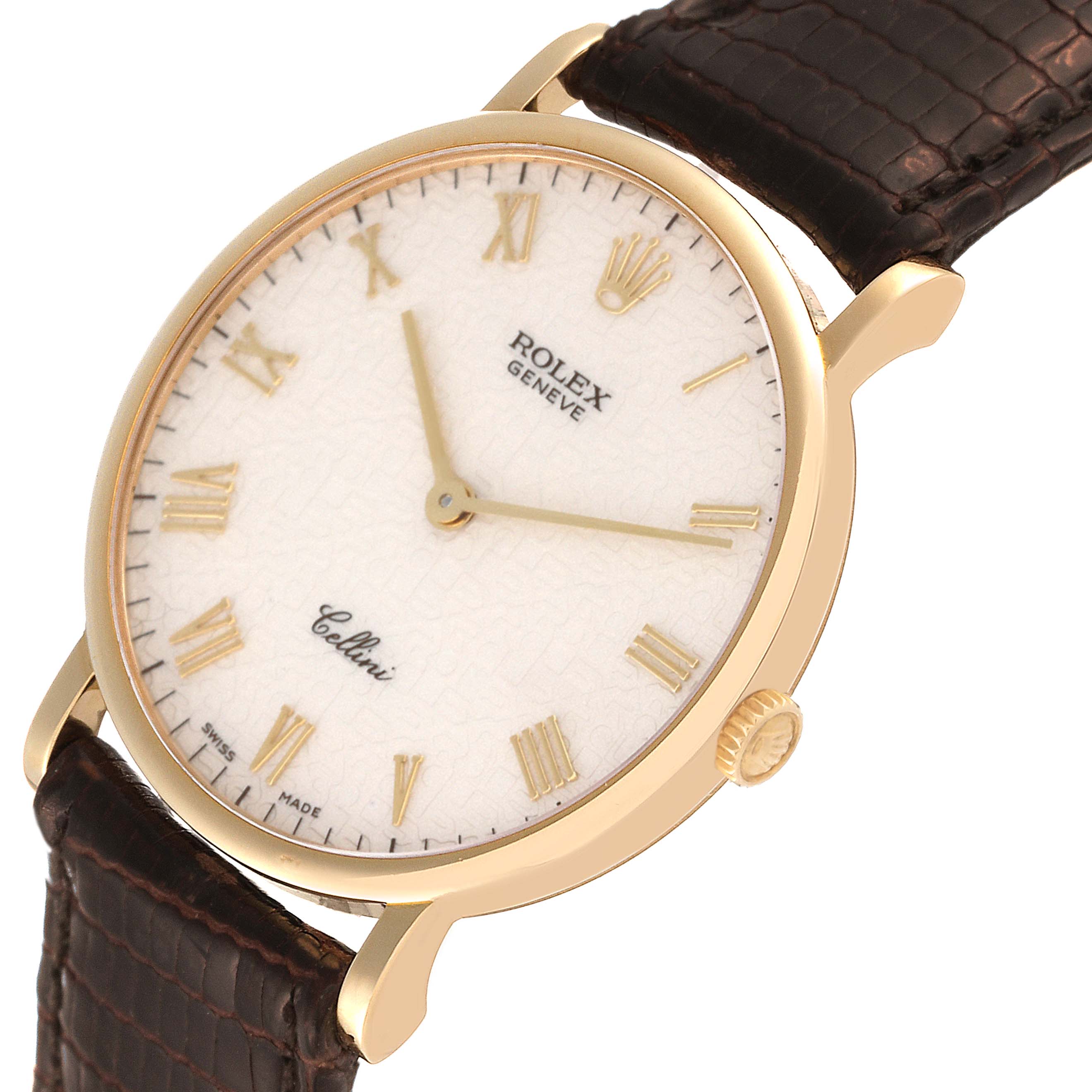 This image shows a Rolex Cellini 5112 Men's Yellow Gold Beige Dial 5112 Men's Yellow Gold Beige Dial watch at an angle highlighting the face, crown, and a portion of the leather strap.