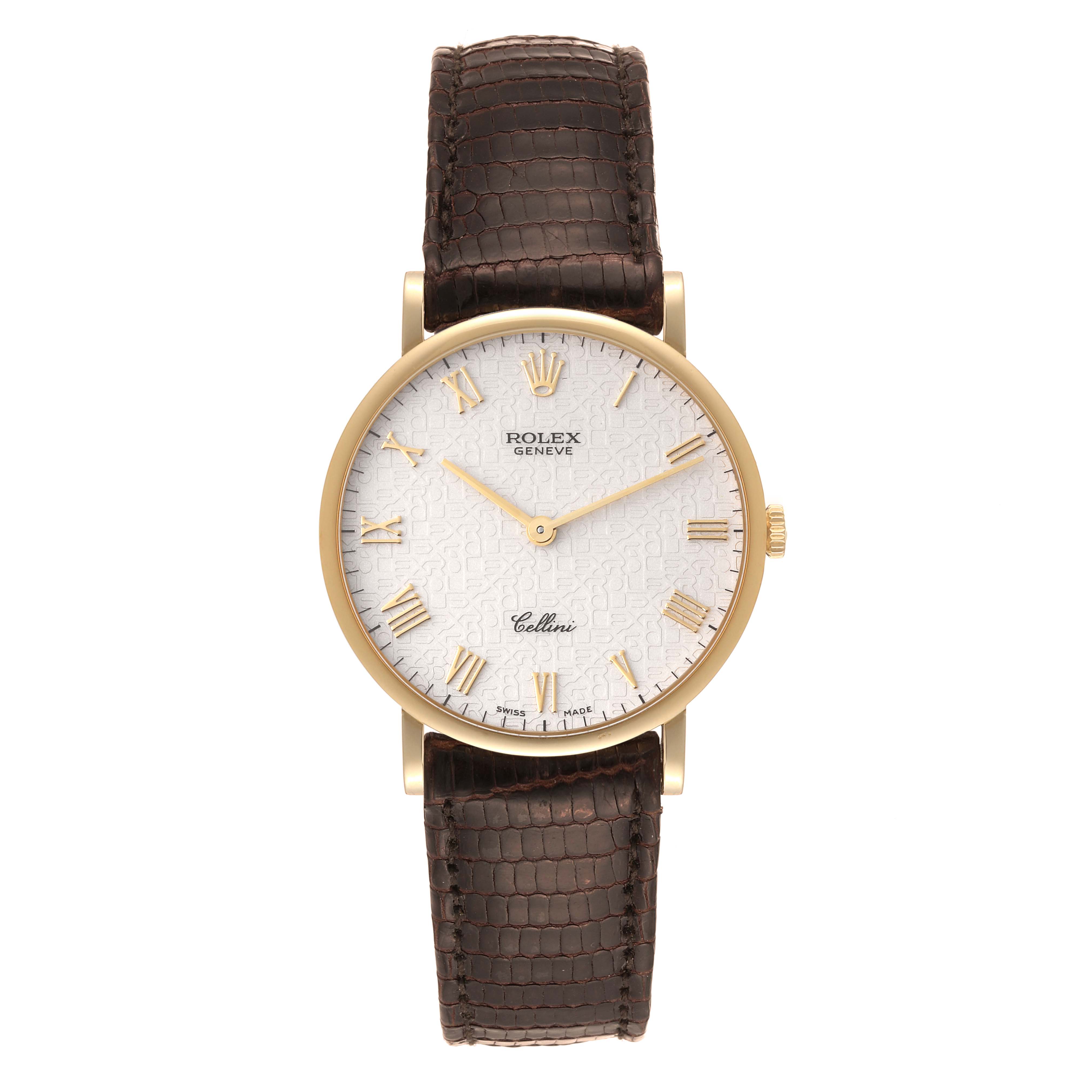 The image shows a front view of the Rolex Cellini 5112 Men's Yellow Gold Beige Dial 5112 Men's Yellow Gold Beige Dial watch, displaying its face, gold case, and brown leather strap.