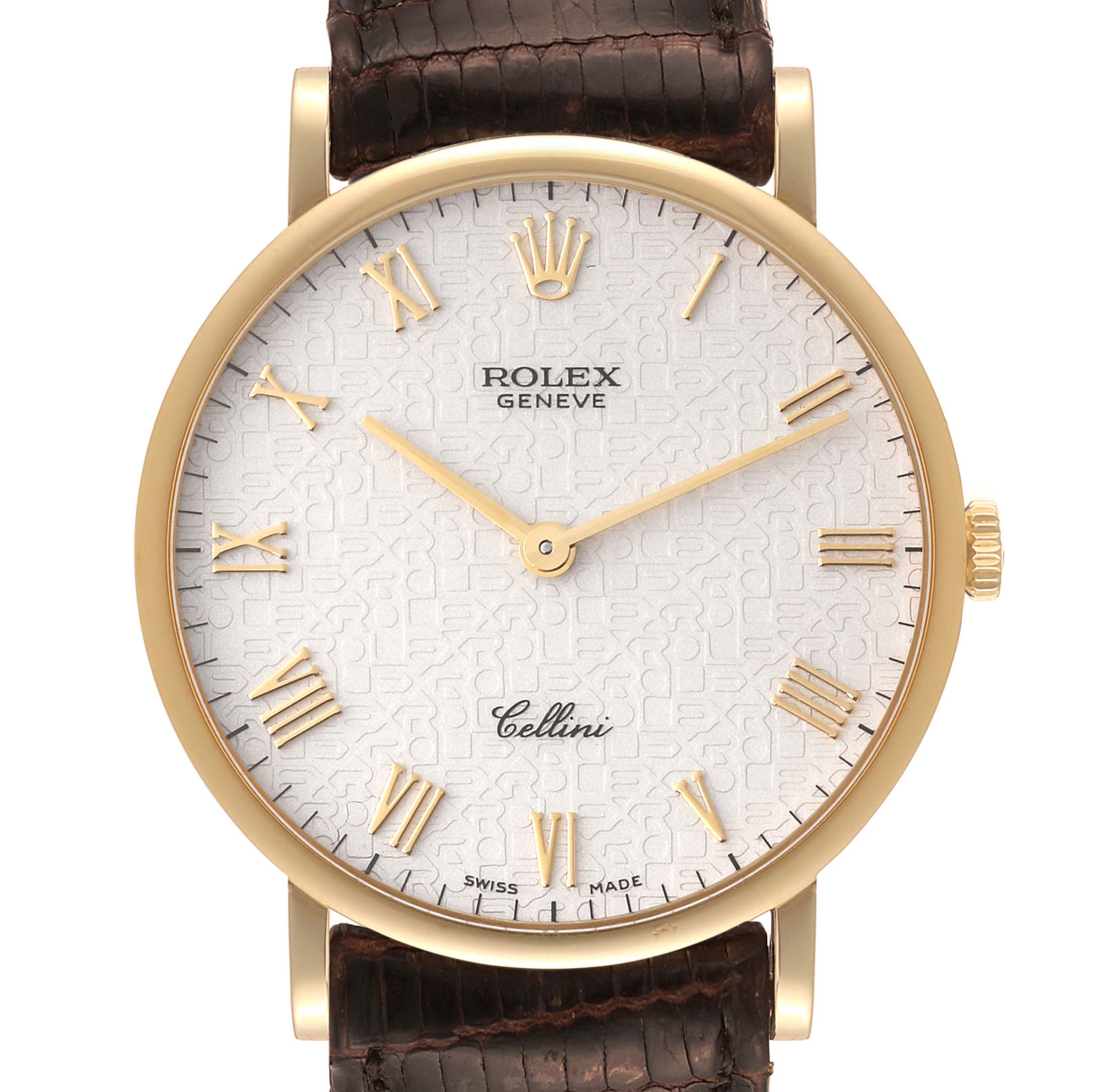 This image shows a frontal view of the Rolex Cellini 5112 Men's Yellow Gold Beige Dial 5112 Men's Yellow Gold Beige Dial watch, featuring its dial, Roman numerals, and part of its leather strap.