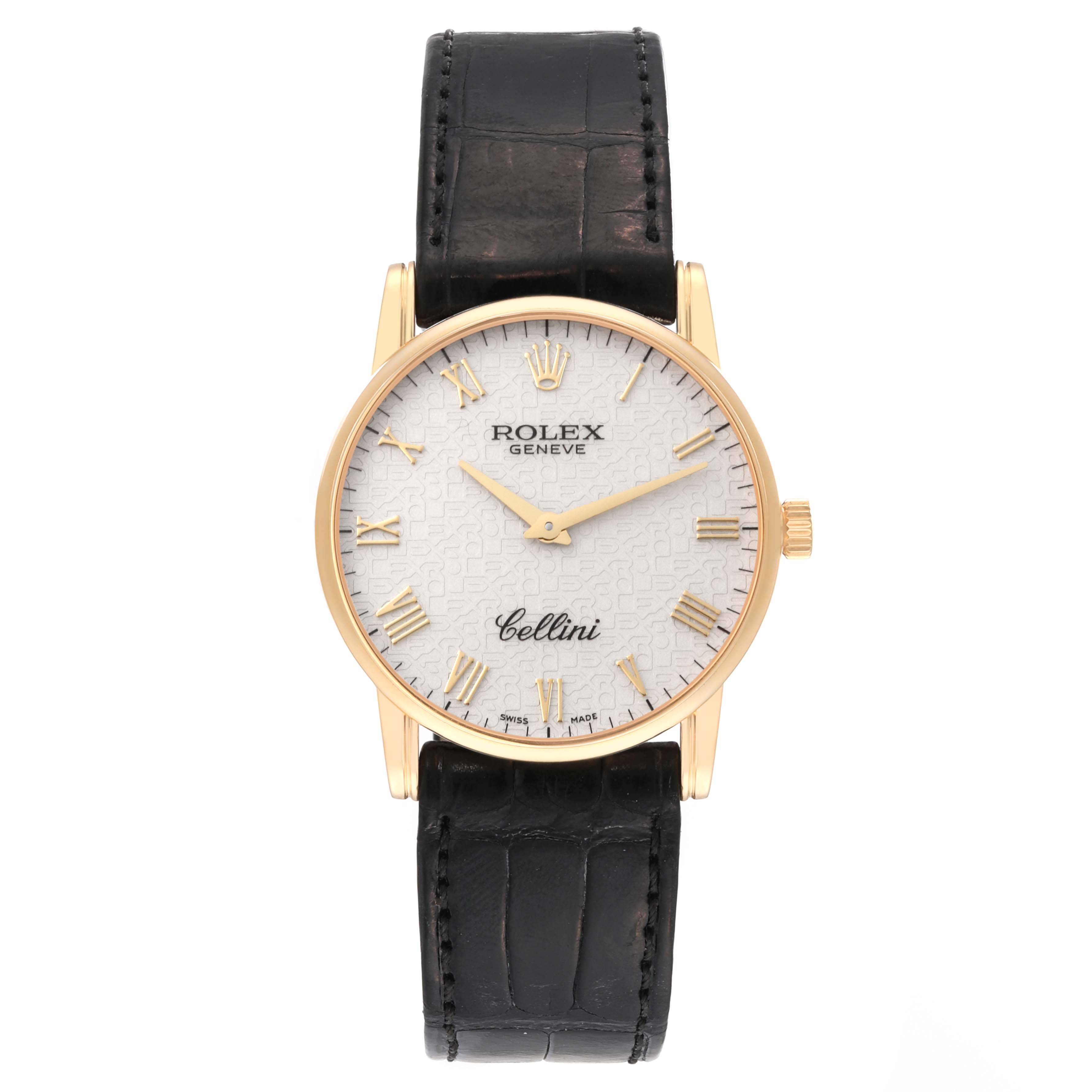 The image shows a front view of a Rolex Cellini 5116 Men's Yellow Gold White Dial 5116 Men's Yellow Gold White Dial watch, displaying the dial, hands, crown, and leather strap.