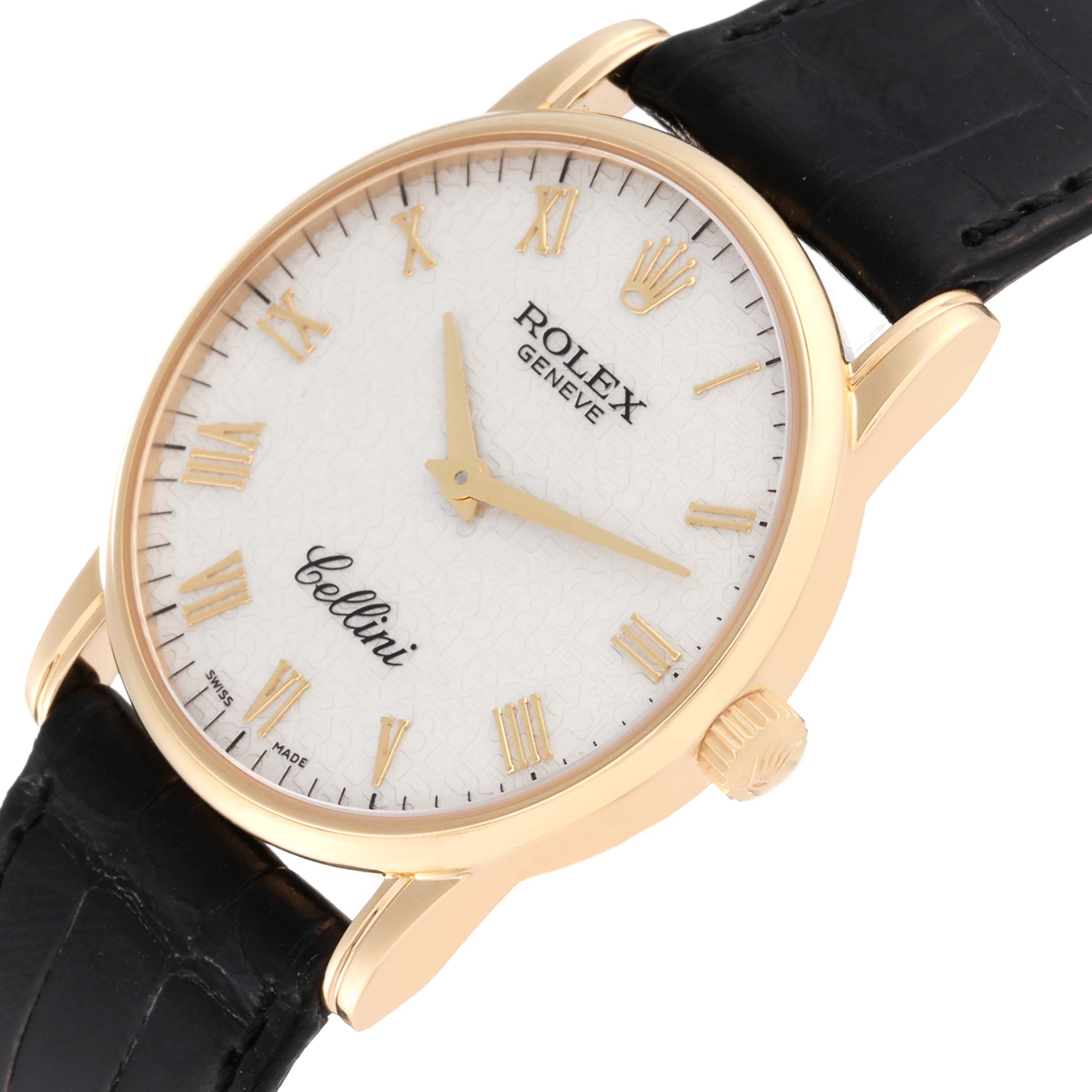 The Rolex Cellini 5116 Men's Yellow Gold White Dial 5116 Men's Yellow Gold White Dial watch is shown from a slightly angled top-down view, highlighting its face, crown, and leather strap.