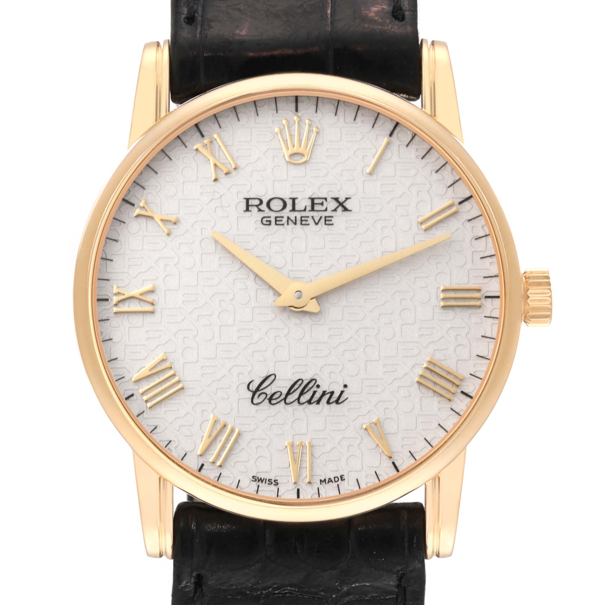 This image shows a front view of a Rolex Cellini 5116 Men's Yellow Gold White Dial 5116 Men's Yellow Gold White Dial watch, featuring its dial, hands, crown, and leather strap.