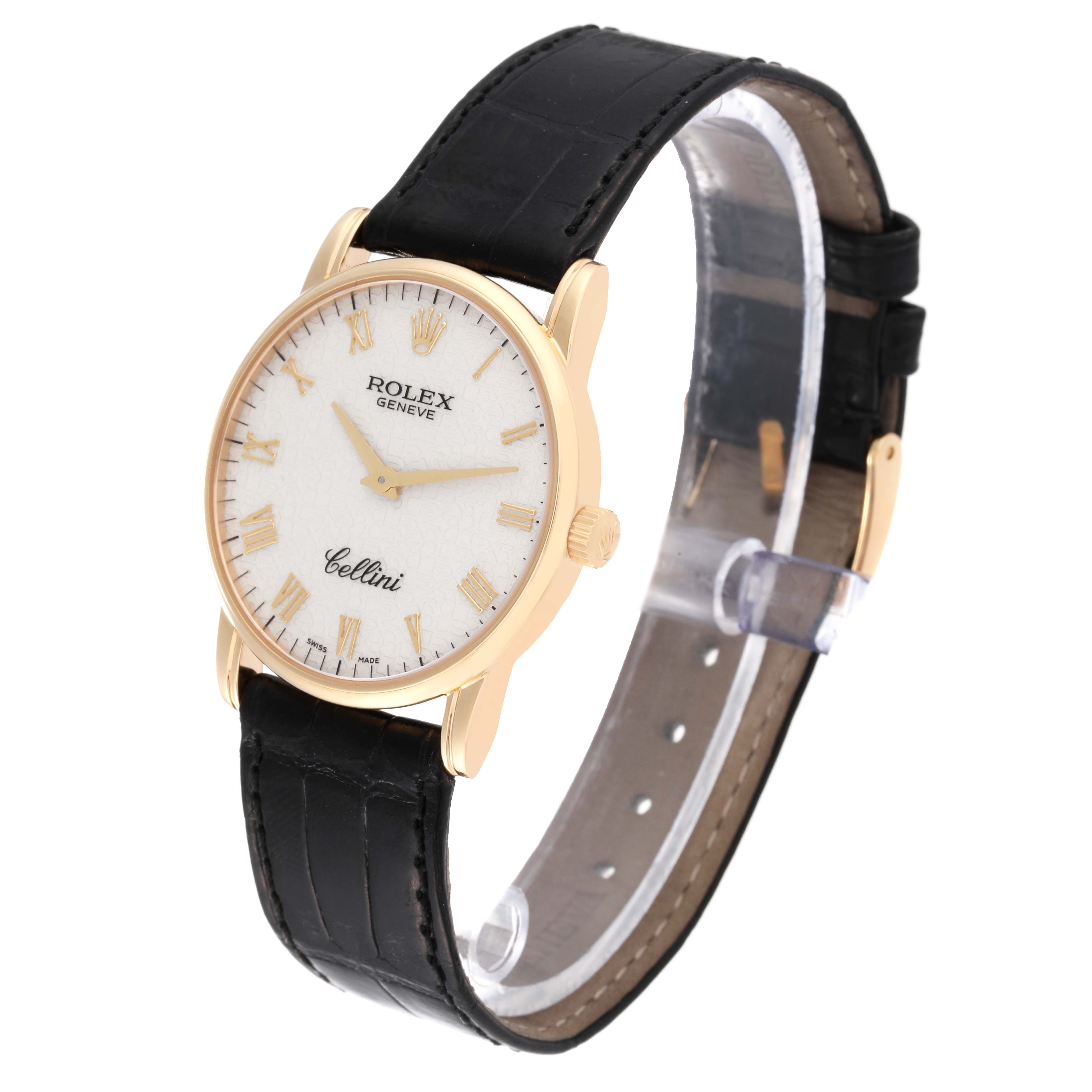 The image shows a side angle view of a Rolex Cellini 5116 Men's Yellow Gold White Dial 5116 Men's Yellow Gold White Dial model watch, focusing on the dial, case, and leather strap.