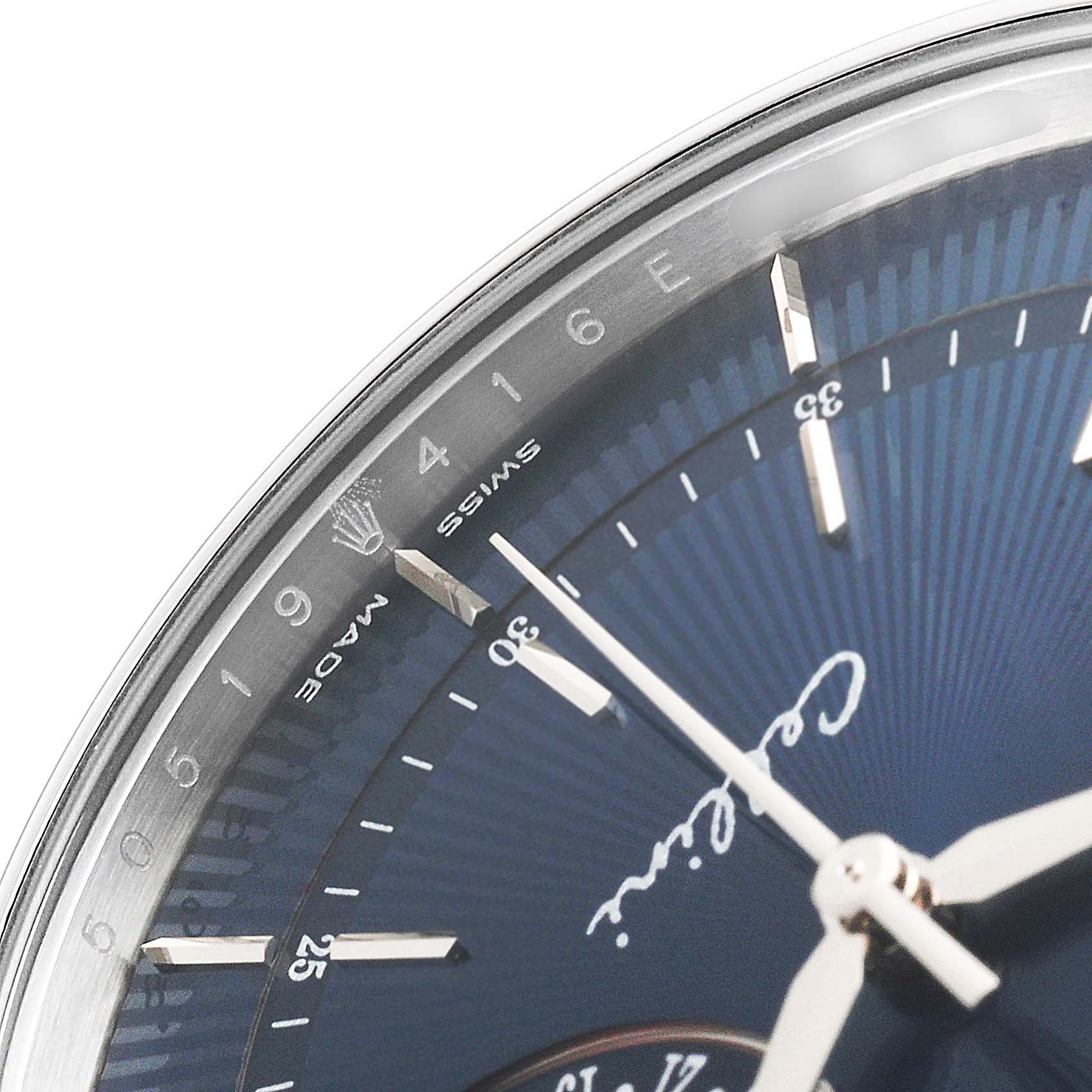 The image shows a close-up of the top-left quadrant of a Rolex Cellini 50519 Men's White Gold Blue Dial 50519 Men's White Gold Blue Dial watch, highlighting the dial and hour markers.