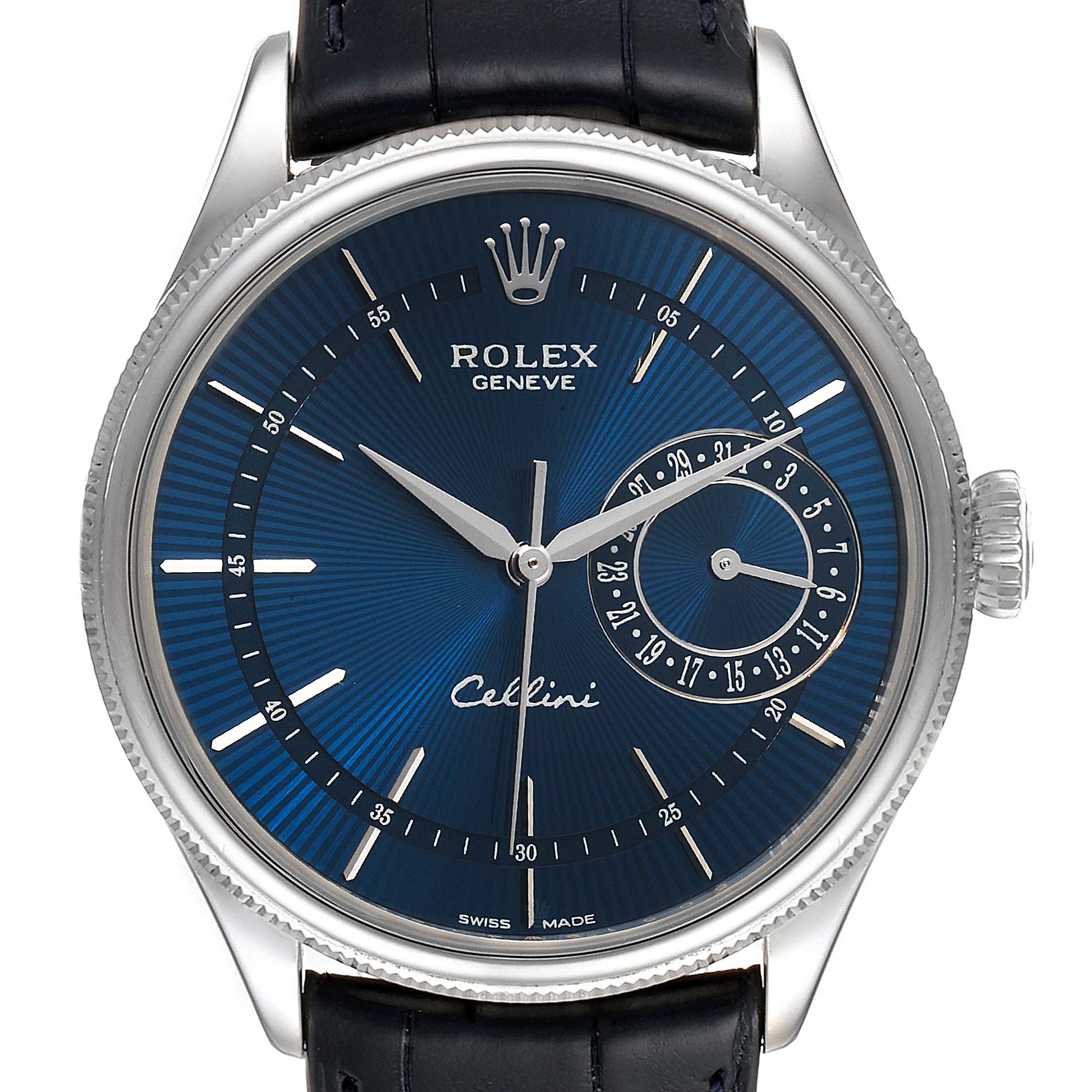 The image shows a front view of the Rolex Cellini 50519 Men's White Gold Blue Dial 50519 Men's White Gold Blue Dial watch, displaying its blue dial, hands, date subdial, and black leather strap.