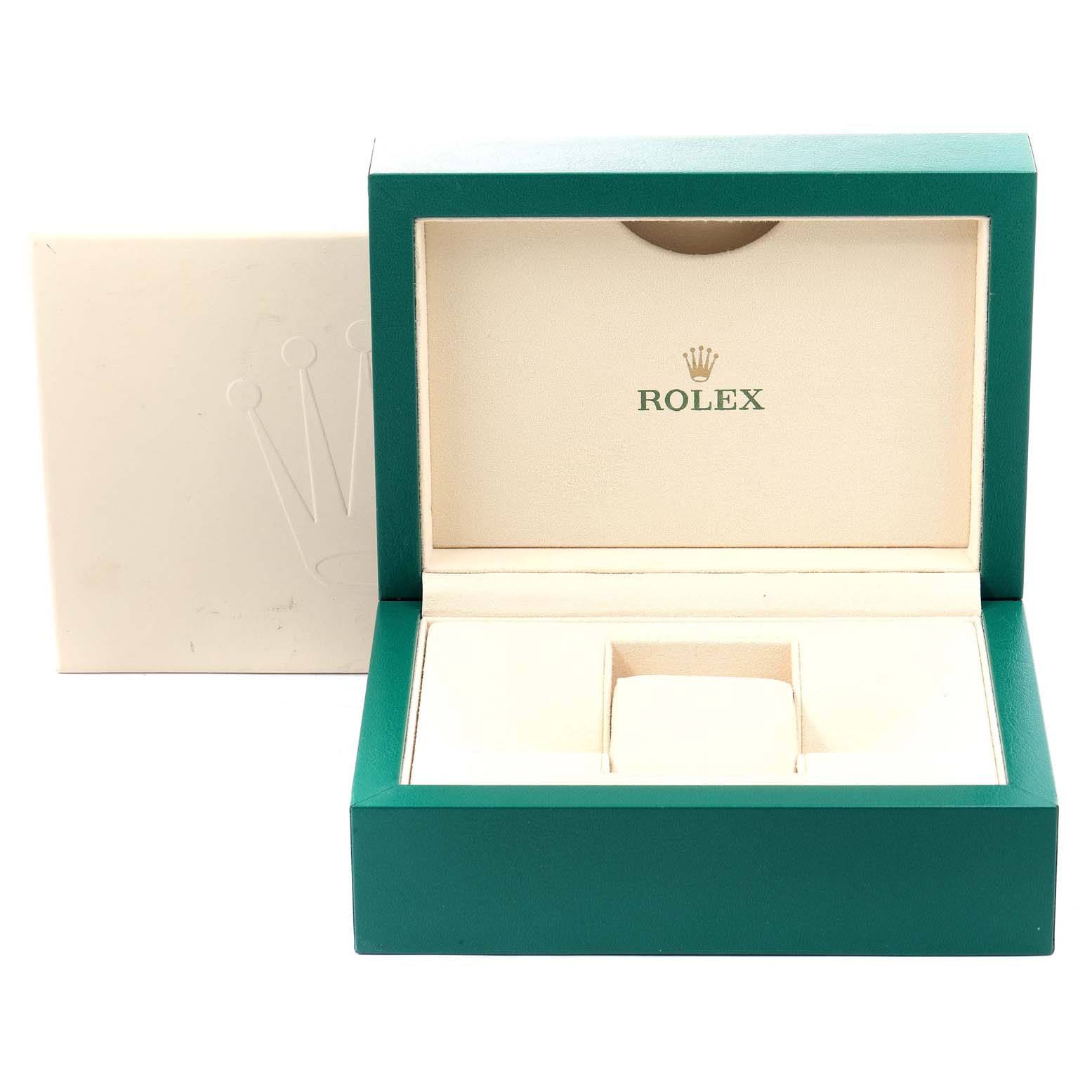 The image shows the open packaging box for a Rolex Cellini 50519 Men's White Gold Blue Dial 50519 Men's White Gold Blue Dial watch, displaying an empty cushion slot inside.