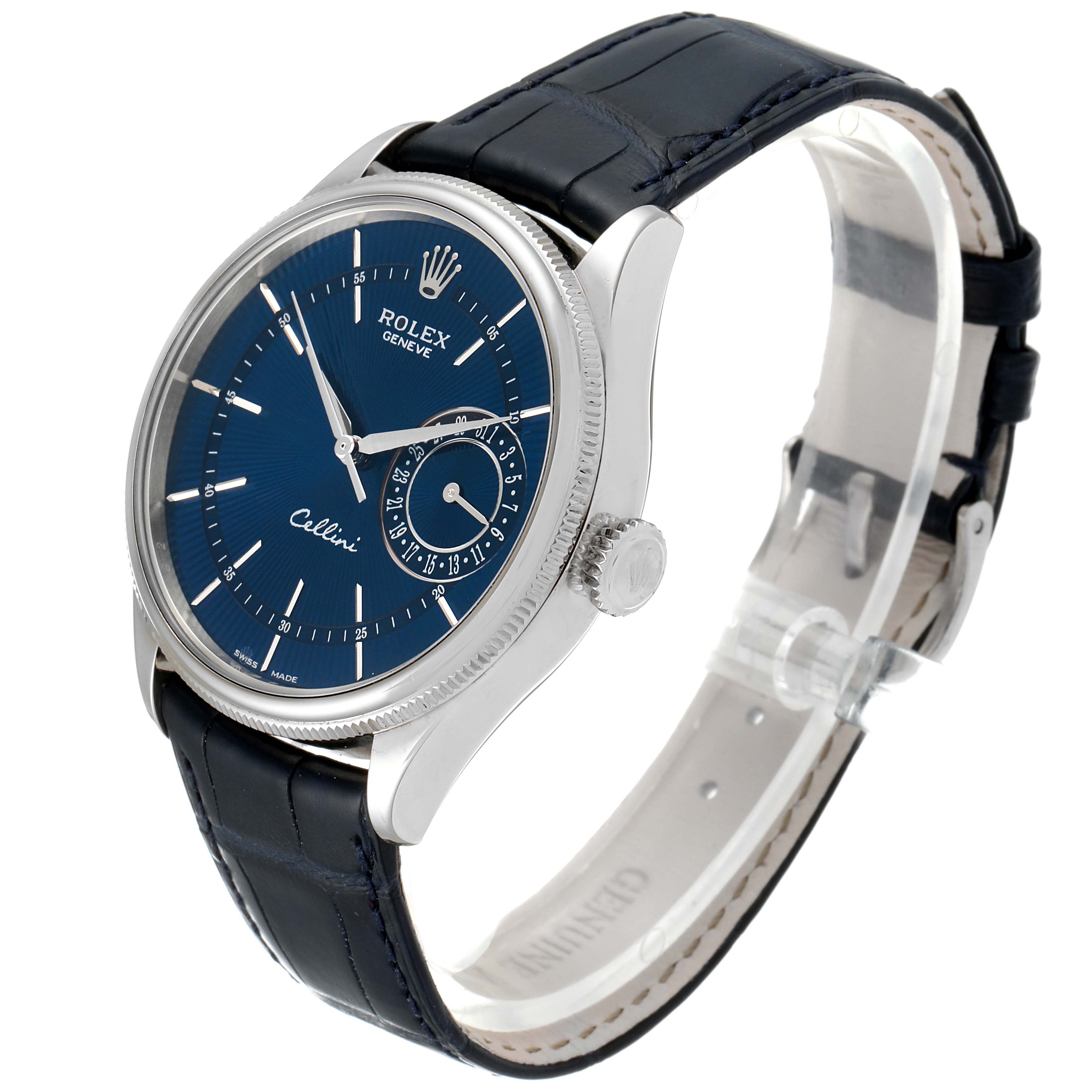 The image shows a Rolex Cellini 50519 Men's White Gold Blue Dial 50519 Men's White Gold Blue Dial watch at an angle that displays the face, crown, and part of the strap.