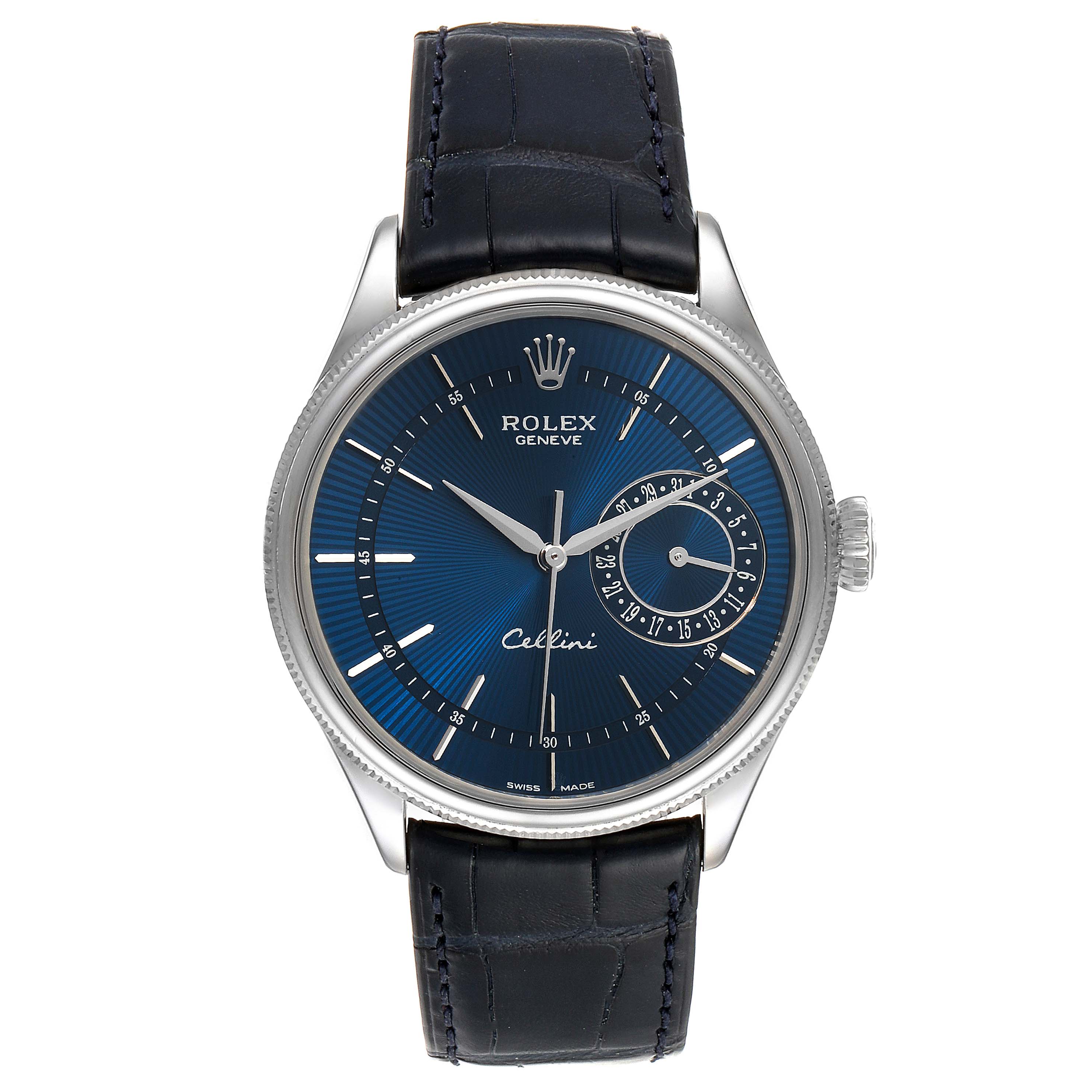 The image shows a front view of a Rolex Cellini 50519 Men's White Gold Blue Dial 50519 Men's White Gold Blue Dial watch, displaying its blue dial, silver hands, and black leather strap.