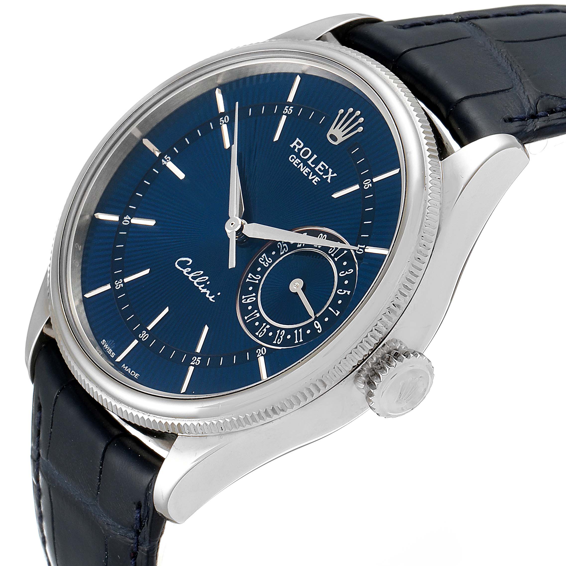 The image shows a side angle of the Rolex Cellini 50519 Men's White Gold Blue Dial 50519 Men's White Gold Blue Dial watch, highlighting its blue dial, crown, and leather strap.