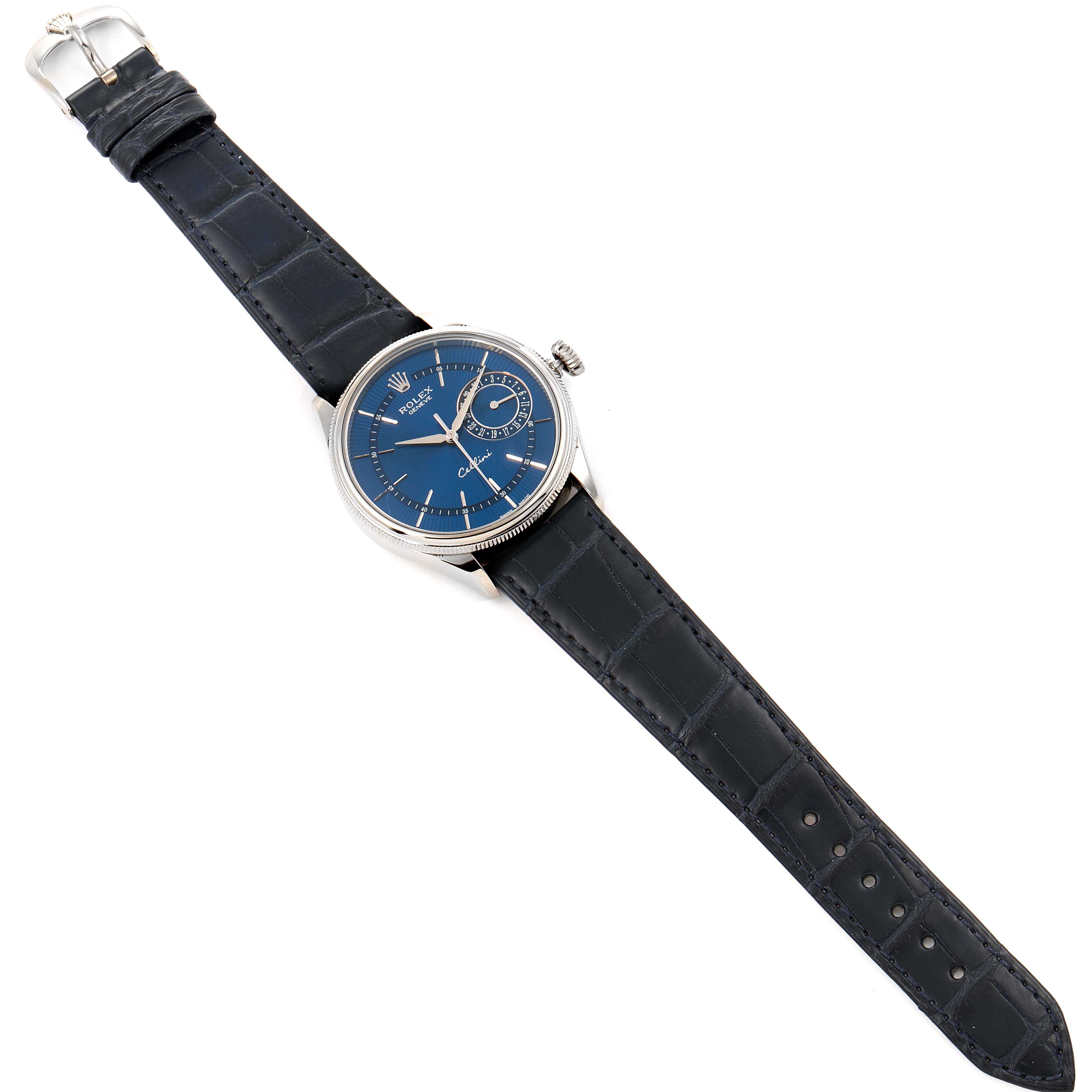 The image shows a Rolex Cellini 50519 Men's White Gold Blue Dial 50519 Men's White Gold Blue Dial watch laid flat, displaying the entire watch including the face, strap, and clasp.