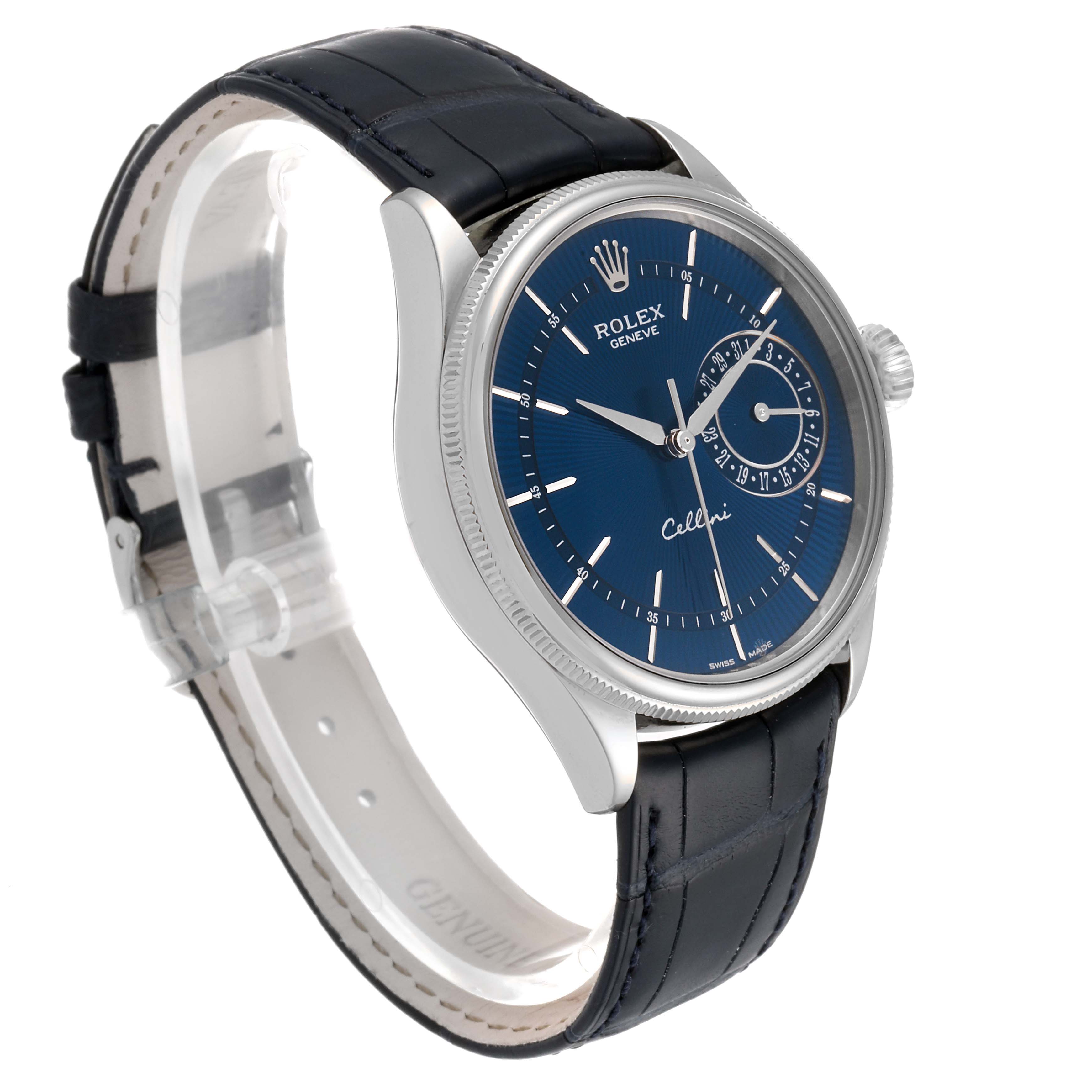 The Rolex Cellini 50519 Men's White Gold Blue Dial 50519 Men's White Gold Blue Dial watch is shown at a three-quarter angle, highlighting its blue dial, silver case, and black leather strap.