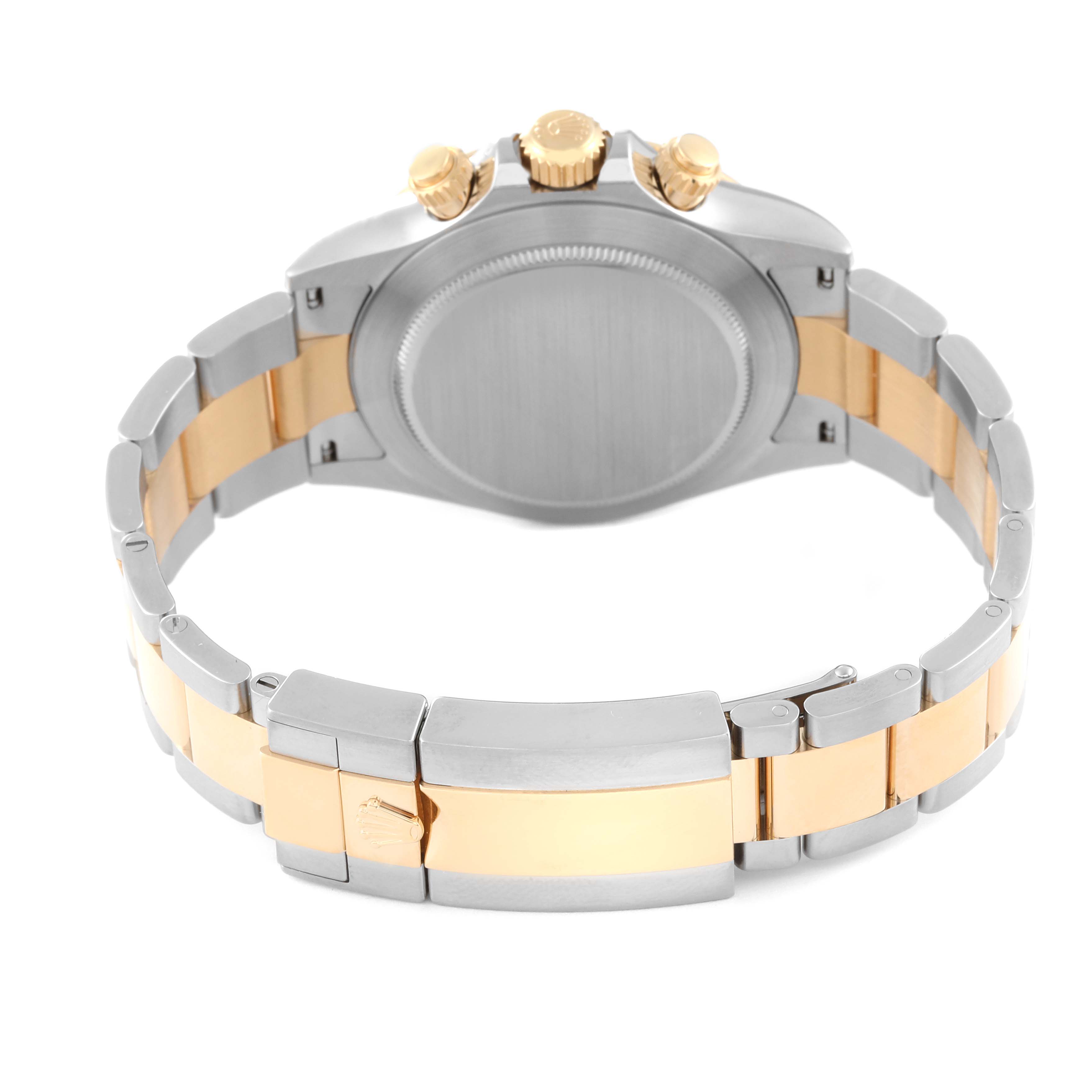 The image shows the back view of a Rolex Daytona 116503 Men's Steel and Gold (two tone) White Dial 116503 Men's Steel and Gold (two tone) White Dial watch, highlighting the bracelet with stainless steel and gold links, and the case back.