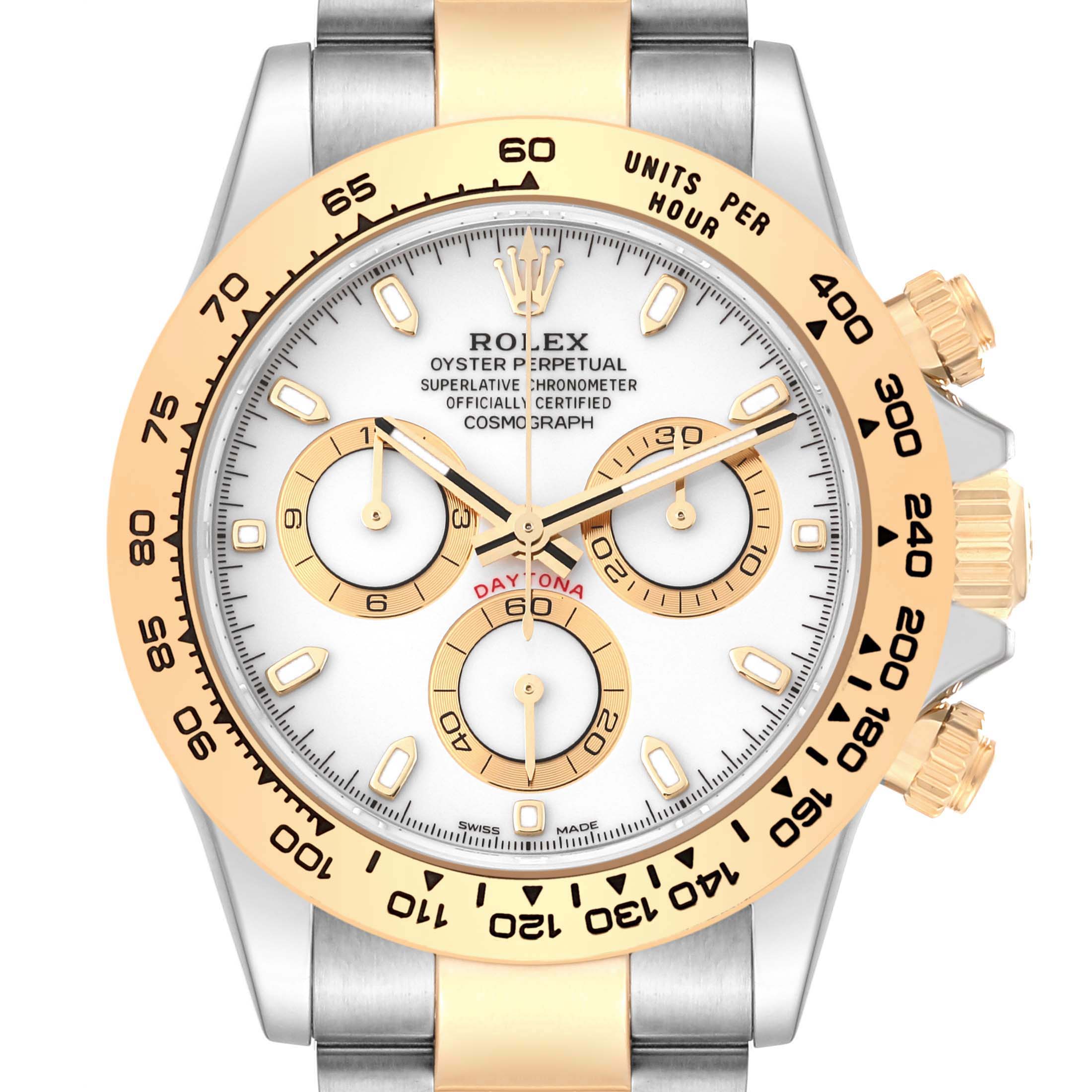 This is a close-up of the Rolex Daytona 116503 Men's Steel and Gold (two tone) White Dial 116503 Men's Steel and Gold (two tone) White Dial watch showing the face, bezel, and chronograph subdials.