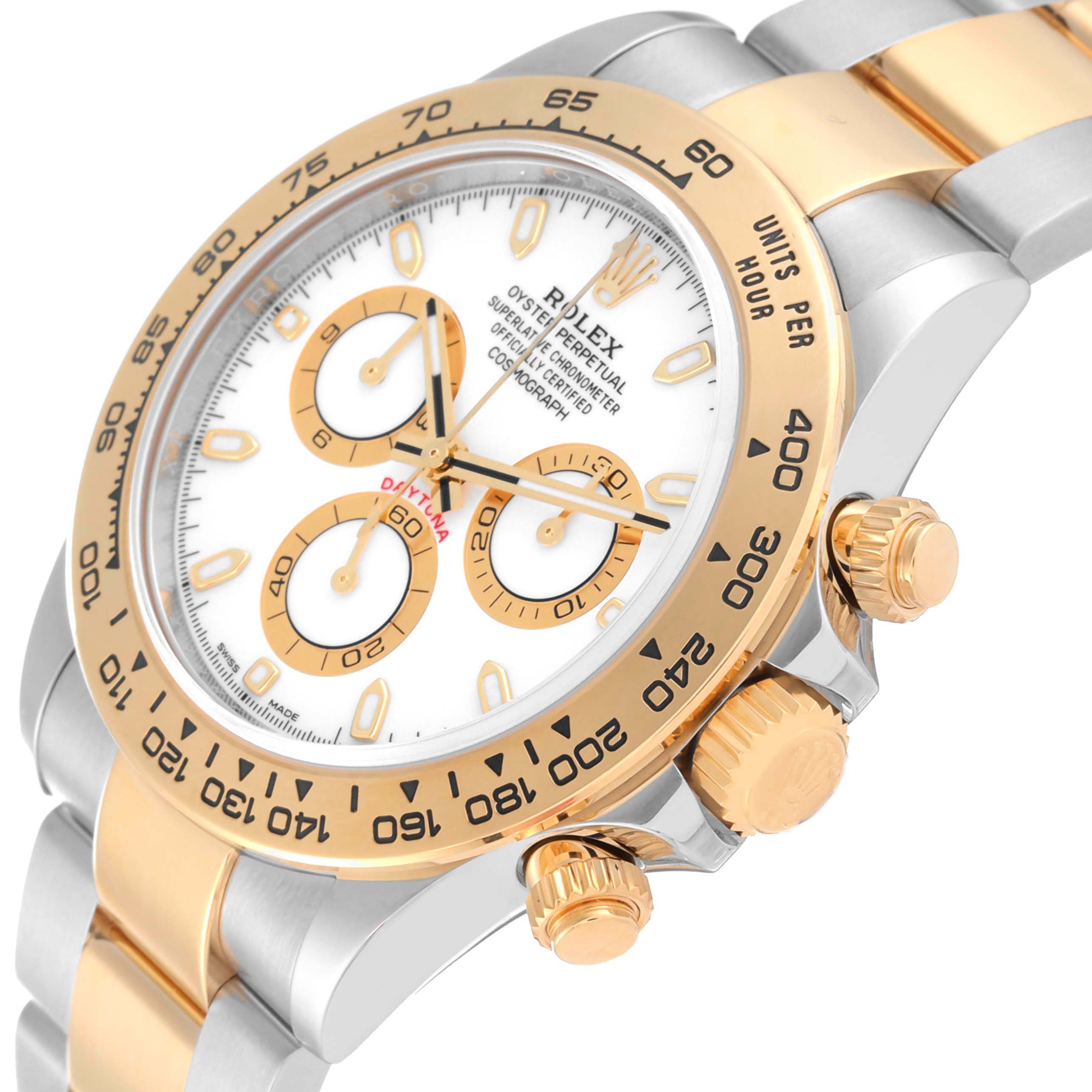 The Rolex Daytona 116503 Men's Steel and Gold (two tone) White Dial 116503 Men's Steel and Gold (two tone) White Dial watch is shown from an angled close-up, highlighting the face, bezel, and part of the bracelet.