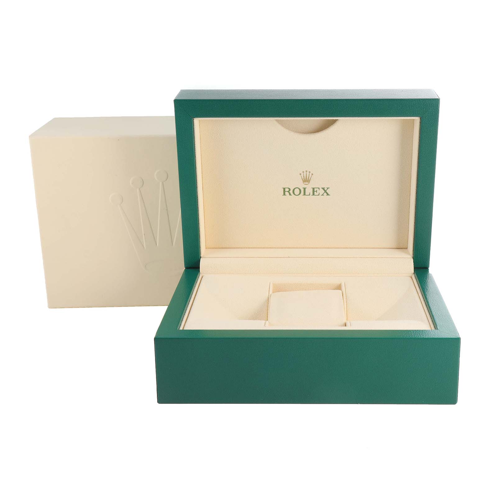 The image shows an open green and beige Rolex box for the Daytona model, viewed from the front with the lid and cushion visible.