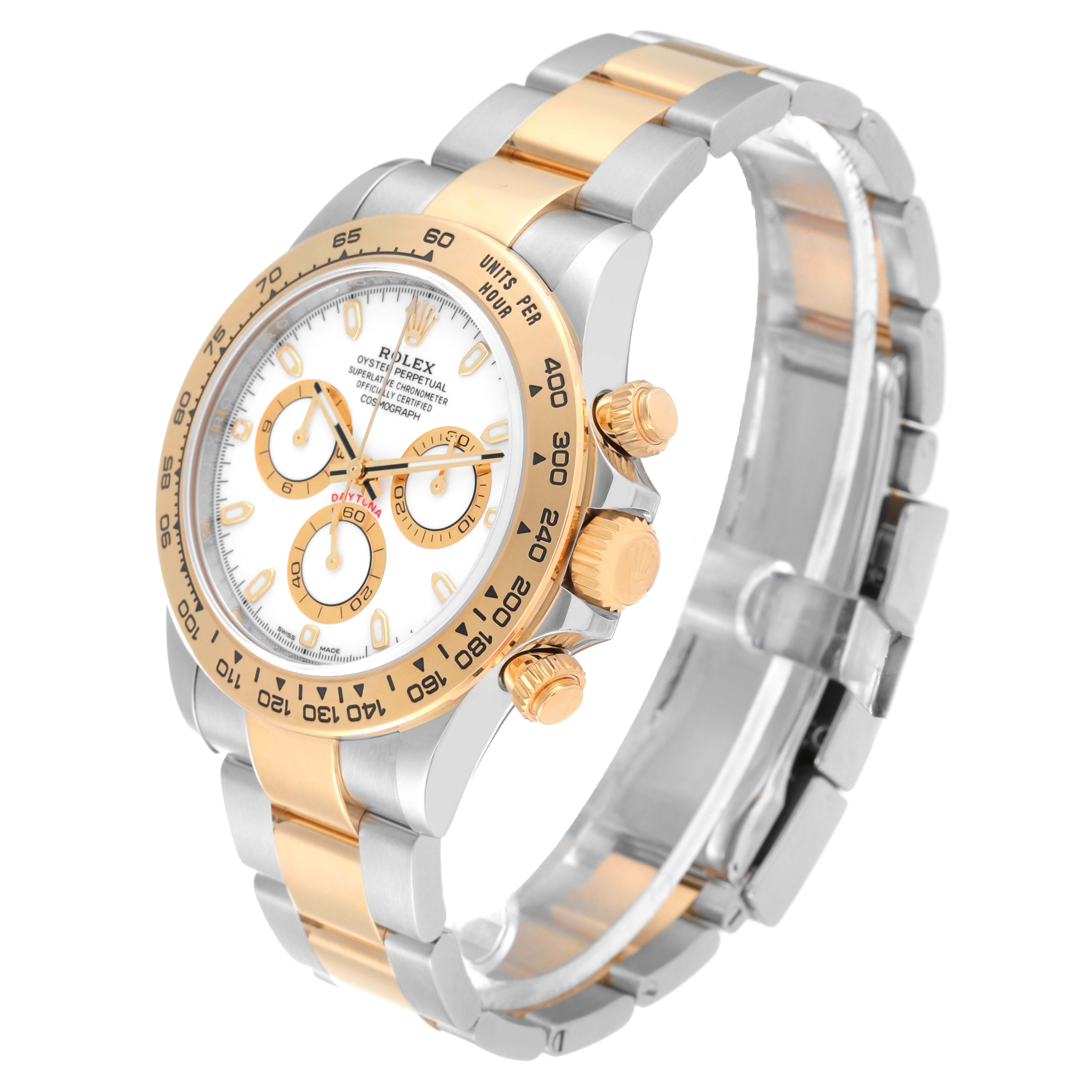 The image shows a Rolex Daytona 116503 Men's Steel and Gold (two tone) White Dial 116503 Men's Steel and Gold (two tone) White Dial watch at a three-quarter angle, highlighting the bezel, dial, and bracelet.