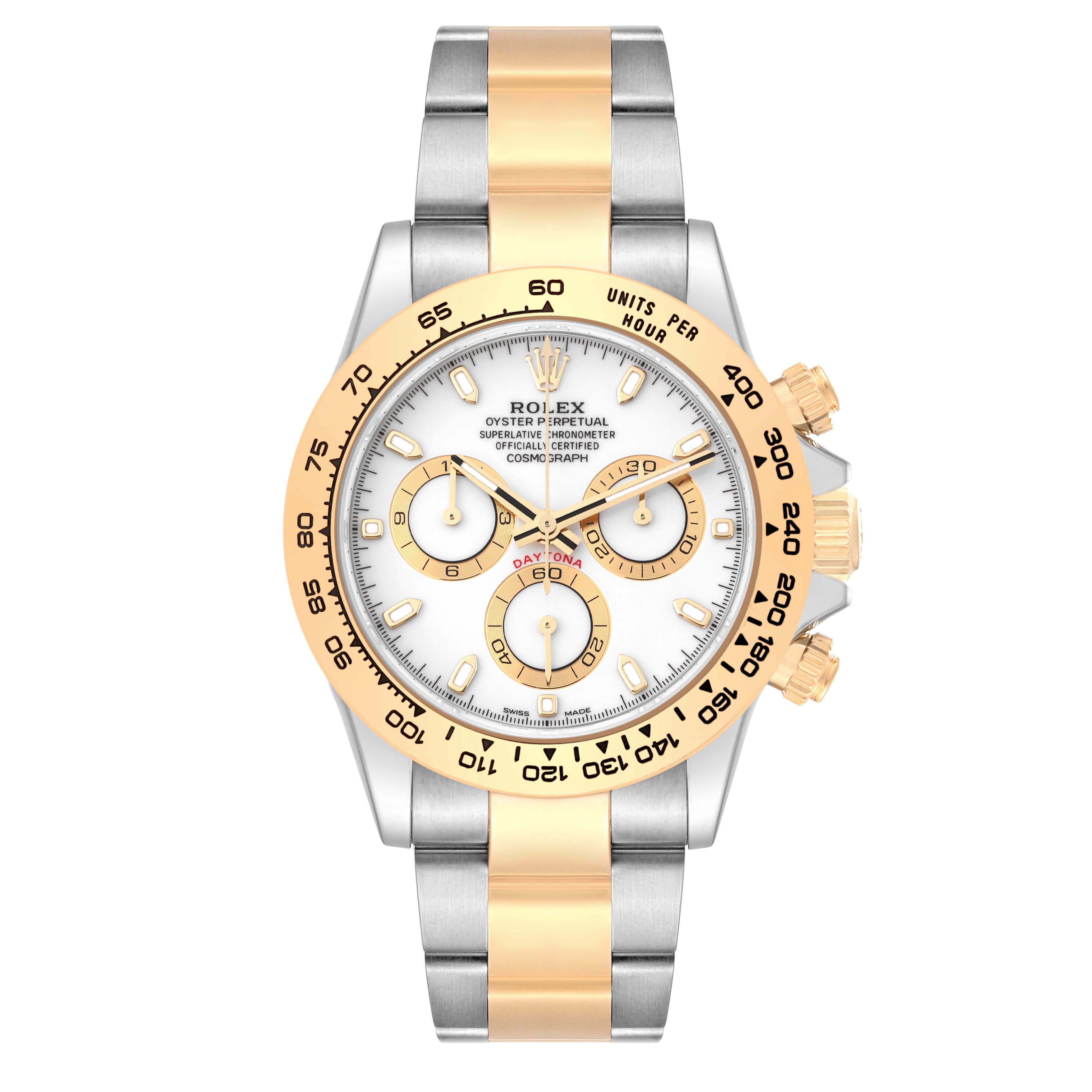 This image shows a front view of a Rolex Daytona 116503 Men's Steel and Gold (two tone) White Dial 116503 Men's Steel and Gold (two tone) White Dial watch, featuring a two-tone bracelet and bezel with three sub-dials.