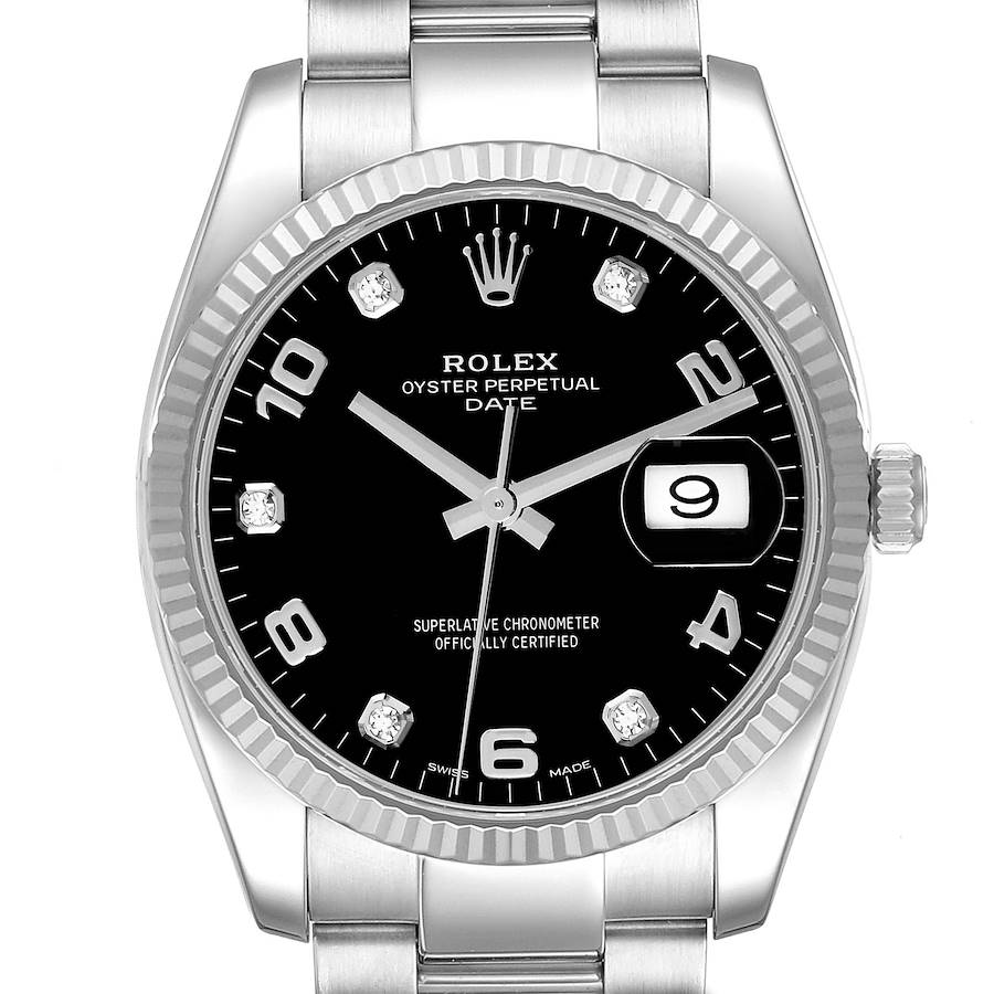 Rolex Date 34 Steel White Gold Black Diamond Dial Mens Watch 115234 SwissWatchExpo