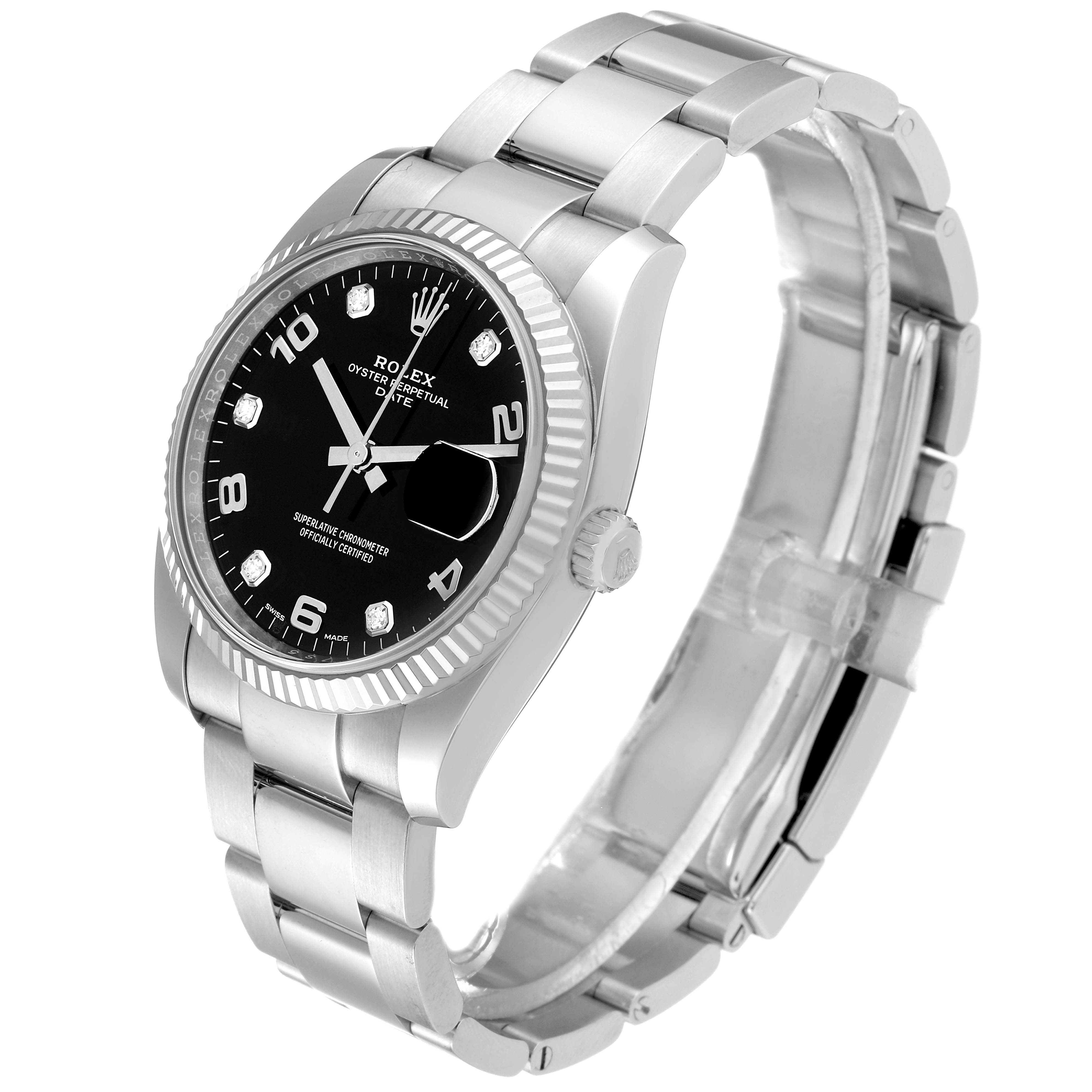 The image shows a Rolex Date 115234 Men's Stainless Steel Black Dial 115234 Men's Stainless Steel Black Dial model watch at a three-quarter angle, highlighting the black dial, bezel, crown, and metal bracelet.
