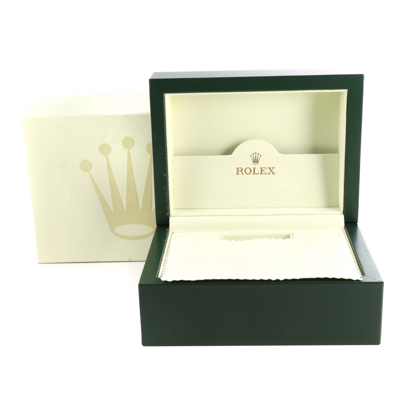 The image shows an open green Rolex Date 115234 Men's Stainless Steel Black Dial 115234 Men's Stainless Steel Black Dial model watch box with the interior and outer packaging visible.