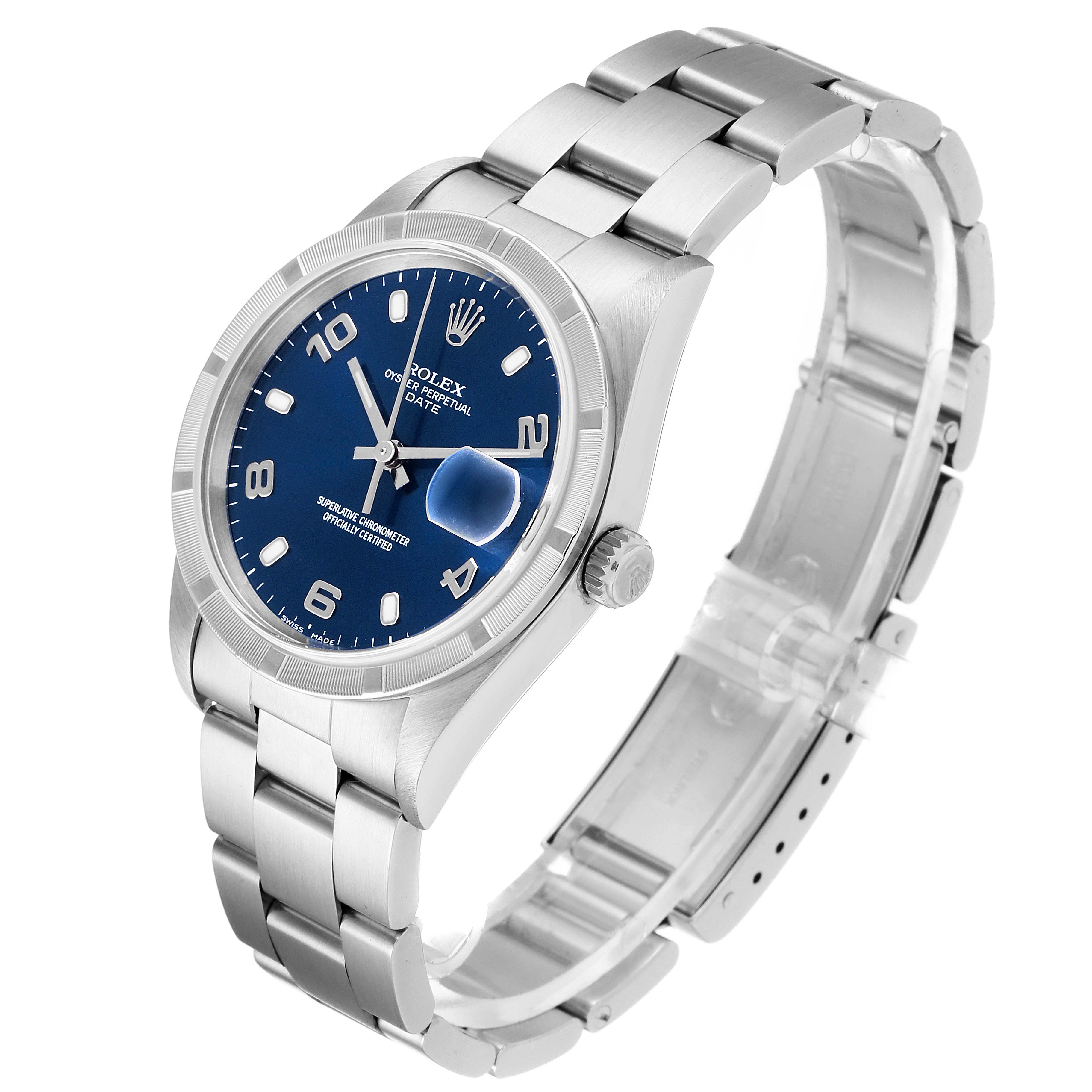 This image shows a Rolex Date 15210 Men's Stainless Steel Blue Dial 15210 Men's Stainless Steel Blue Dial model watch at an angle highlighting the blue dial, case, crown, and metal bracelet.