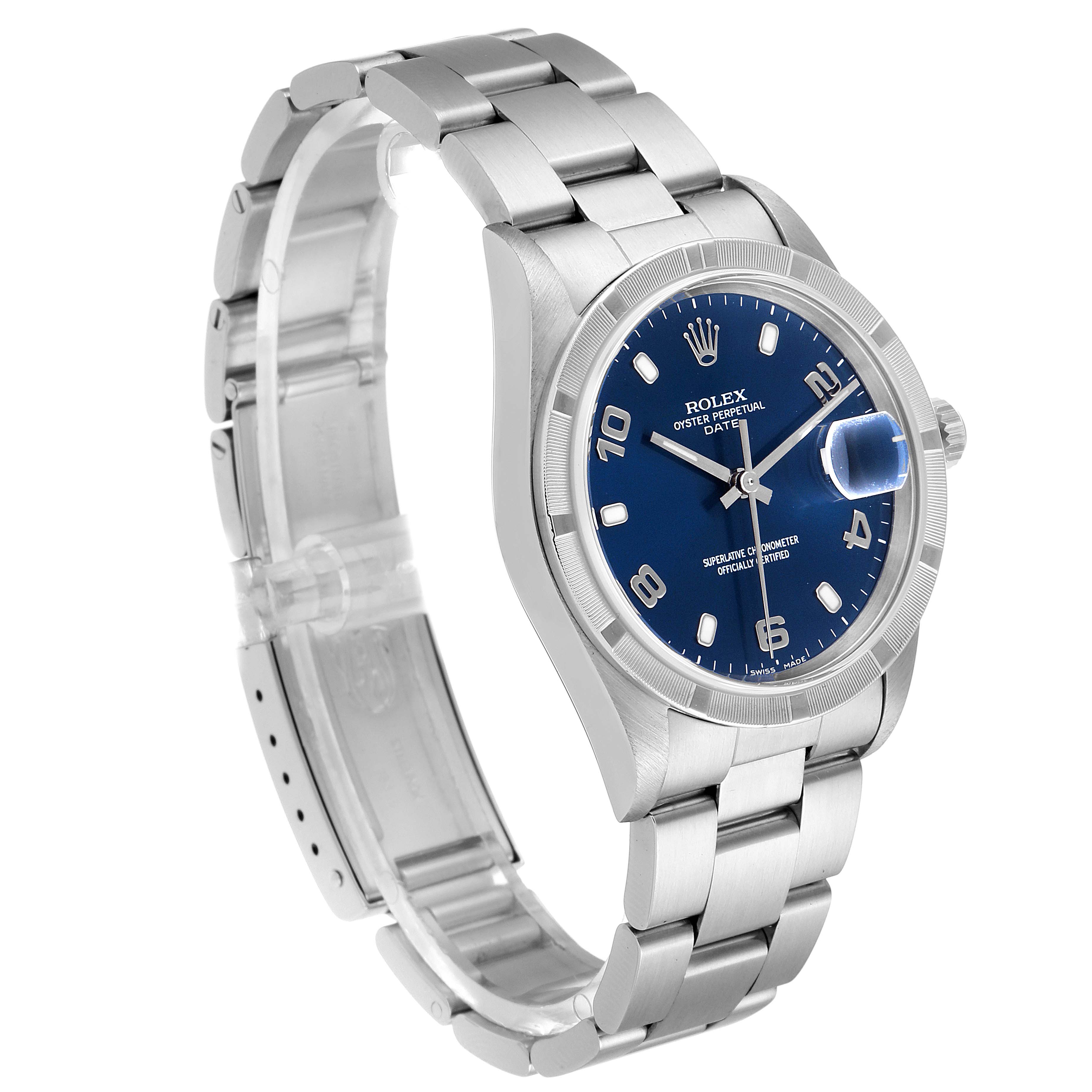 The image shows a Rolex Date 15210 Men's Stainless Steel Blue Dial 15210 Men's Stainless Steel Blue Dial model watch at an angle highlighting its bracelet, case, and blue dial with luminescent hour markers.