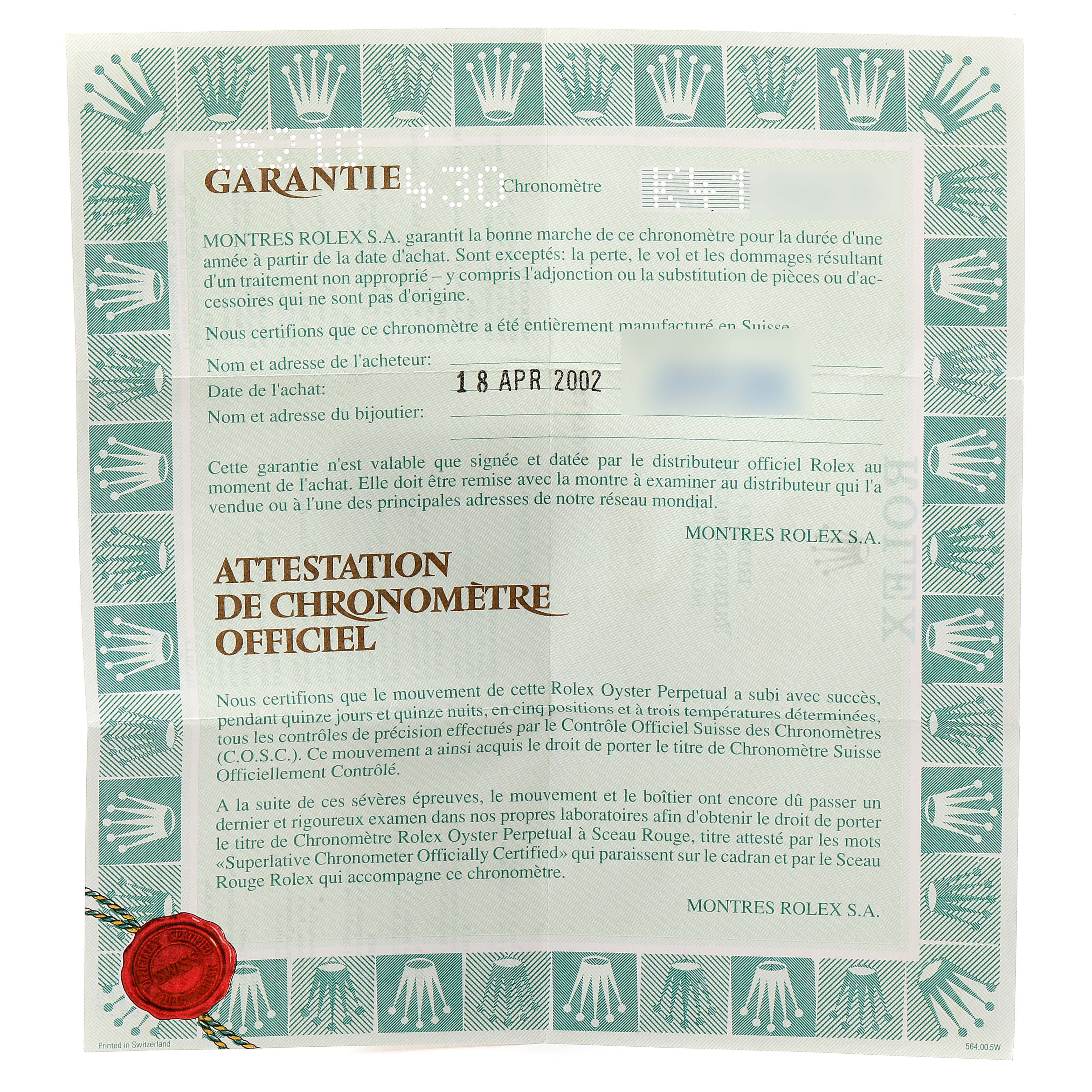 This image shows the Rolex Date 15210 Men's Stainless Steel Blue Dial 15210 Men's Stainless Steel Blue Dial model warranty certificate and official chronometer certification document.