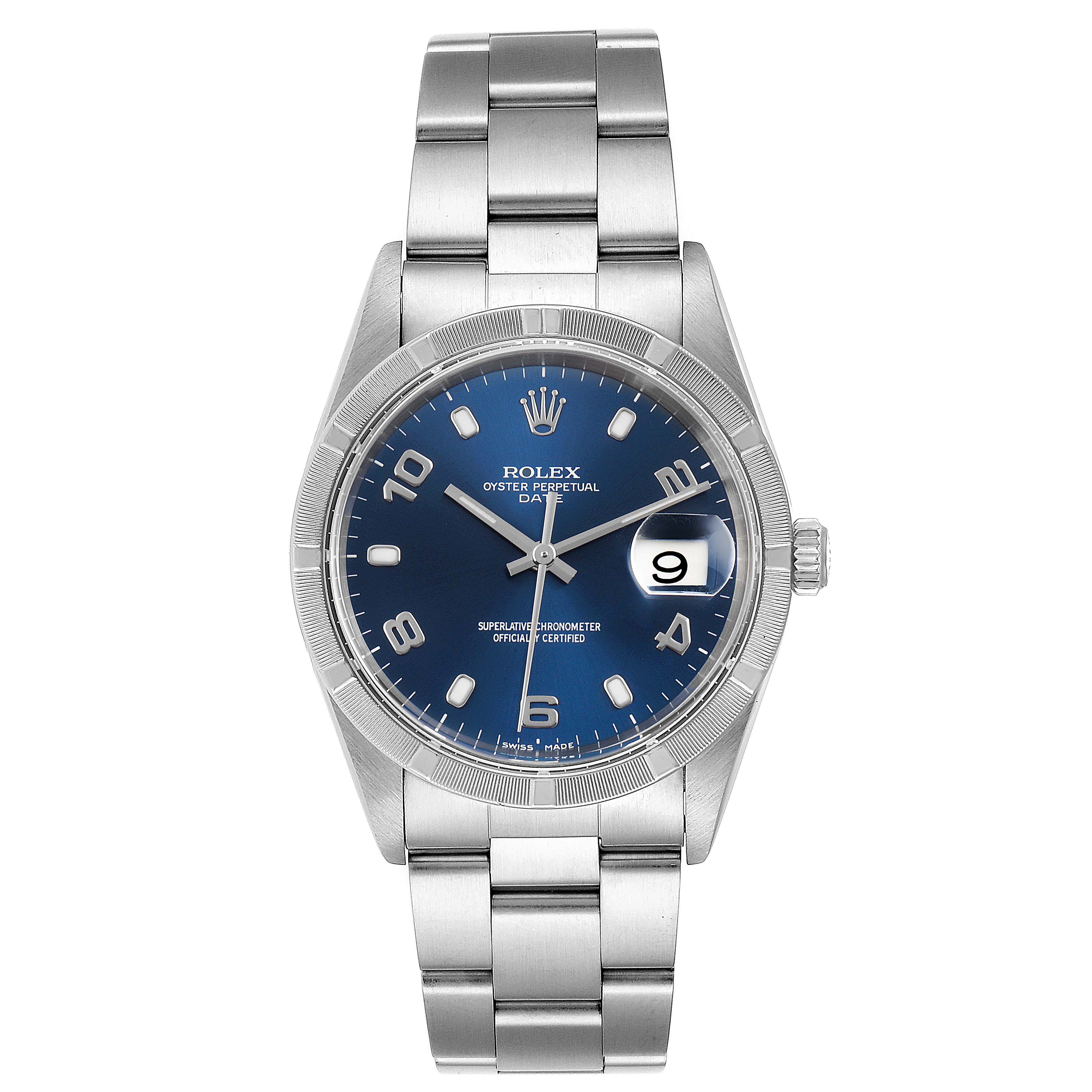 The image shows a front view of a Rolex Oyster Perpetual Date watch with a blue dial and stainless steel bracelet.