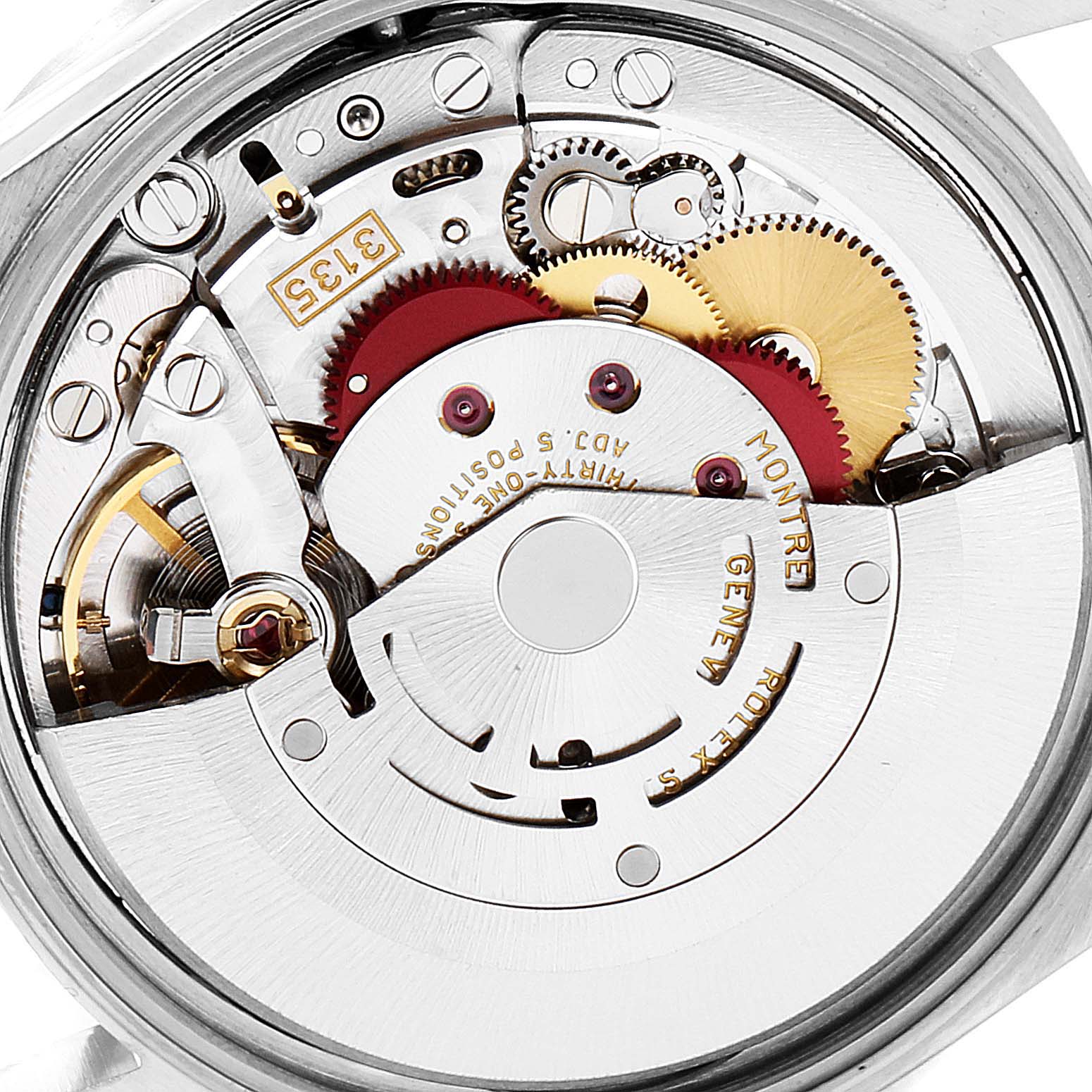 This close-up image shows the inner mechanical components of a Rolex Date 15210 Men's Stainless Steel Blue Dial 15210 Men's Stainless Steel Blue Dial model watch, highlighting its intricate gears and movement.