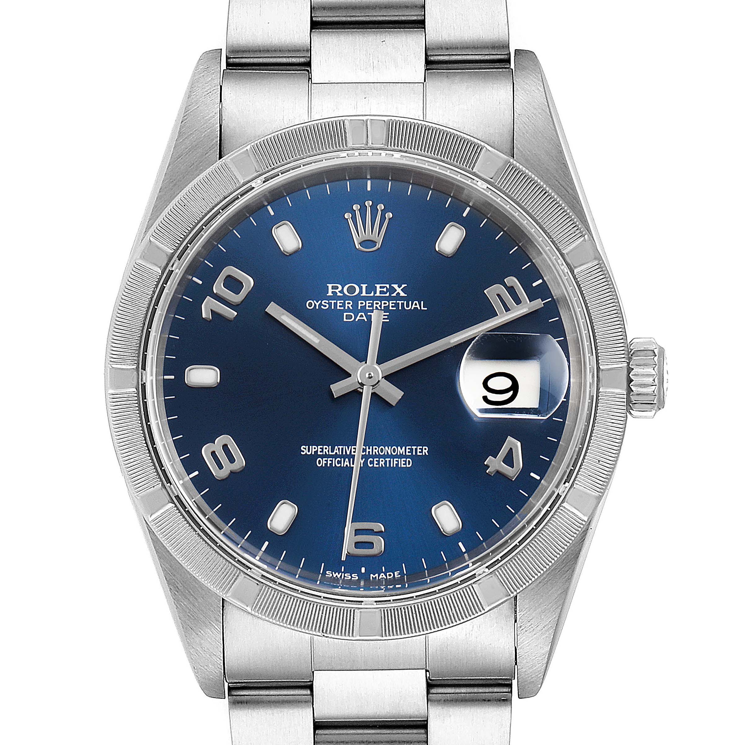 This is a front view of a Rolex Oyster Perpetual Date watch, showing its face, bezel, crown, and part of the bracelet.