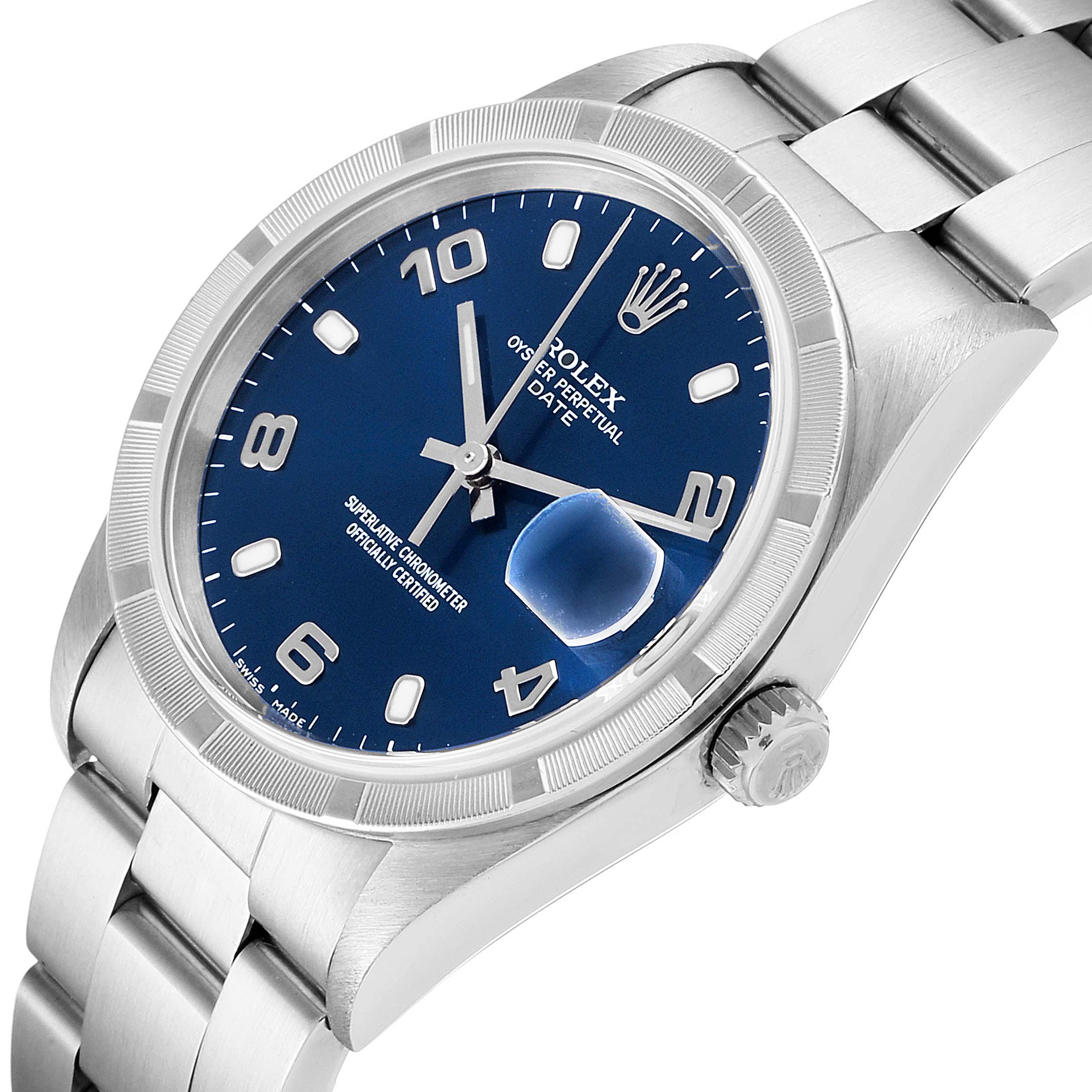 This image shows a Rolex Date 15210 Men's Stainless Steel Blue Dial 15210 Men's Stainless Steel Blue Dial model watch at a slight angle, highlighting its blue dial, bezel, crown, and bracelet.