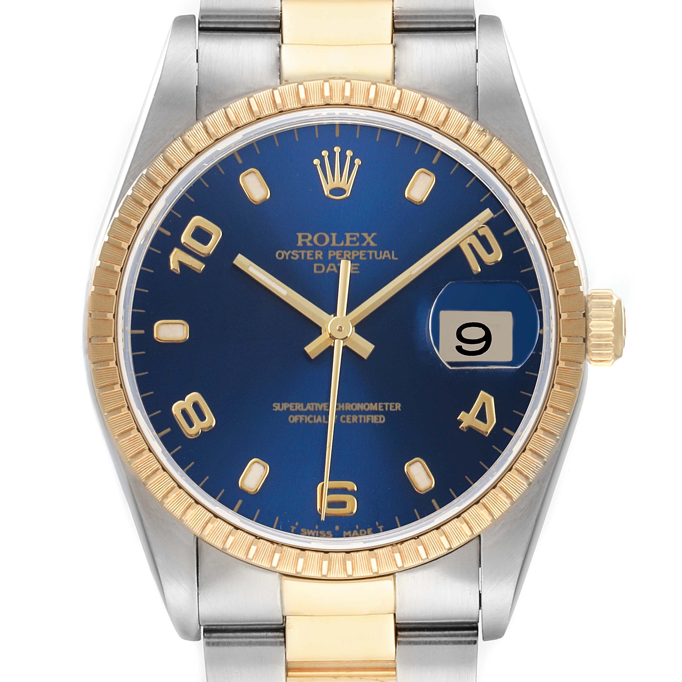The image shows a Rolex Date 15223 Men's Steel and Gold (two tone) Blue Dial 15223 Men's Steel and Gold (two tone) Blue Dial model watch with a blue dial, gold bezel, gold hour markers, and a two-tone metal bracelet, all from a direct-front angle.