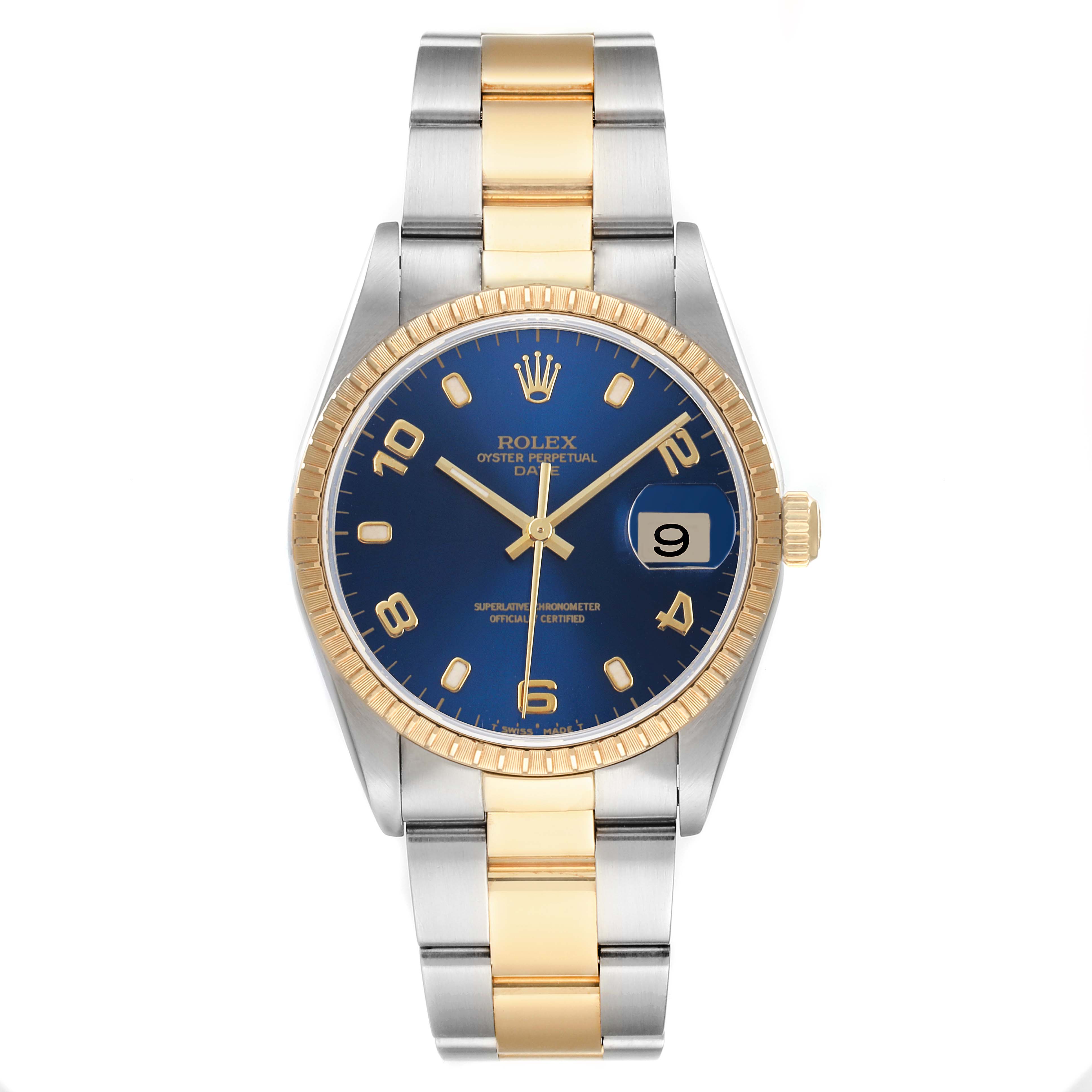 This image shows a Rolex Date 15223 Men's Steel and Gold (two tone) Blue Dial 15223 Men's Steel and Gold (two tone) Blue Dial model watch from the front, featuring a blue dial, gold accents, and a two-tone metal band.