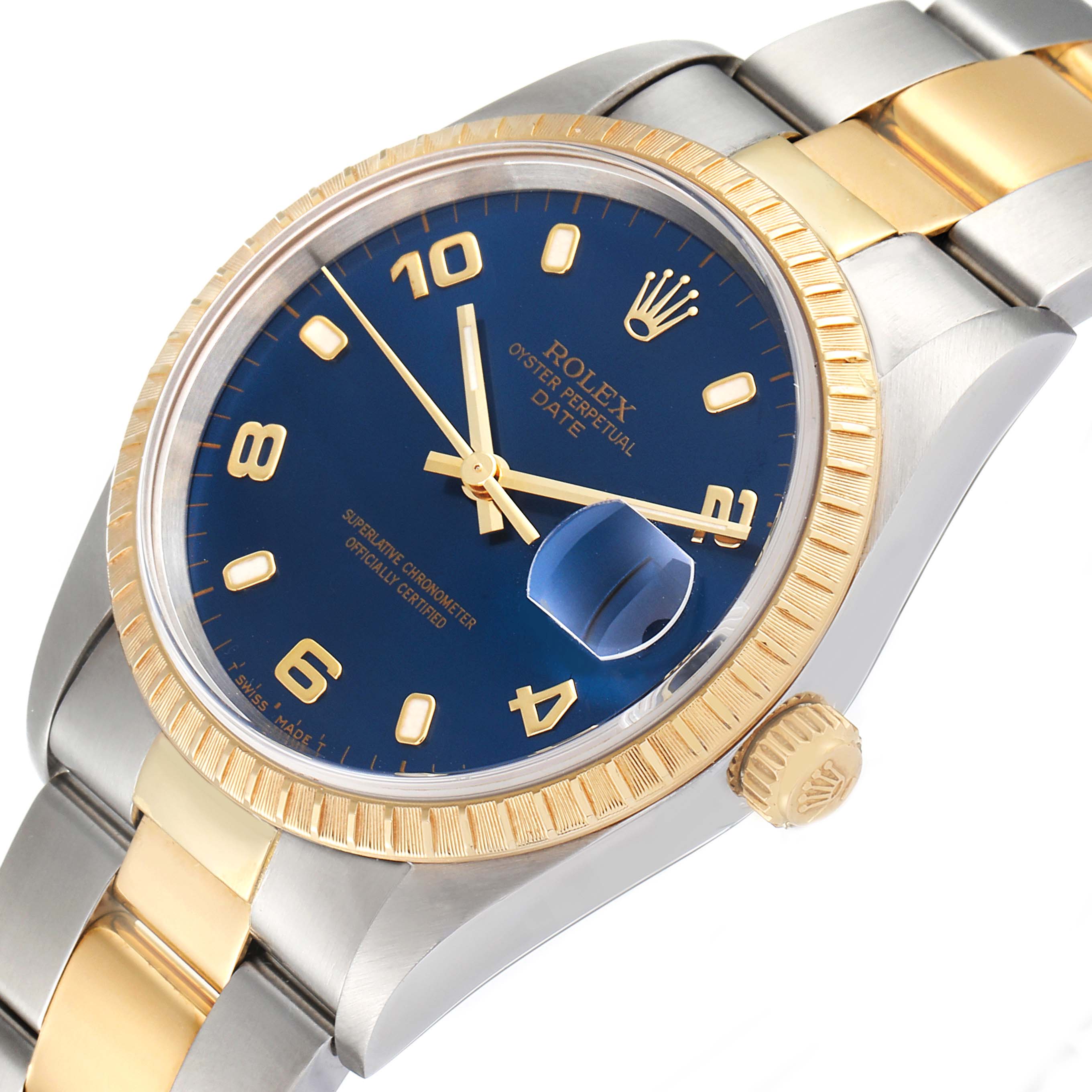This image shows a Rolex Date 15223 Men's Steel and Gold (two tone) Blue Dial 15223 Men's Steel and Gold (two tone) Blue Dial model watch at an angle highlighting its blue dial, gold bezel, and two-tone bracelet.