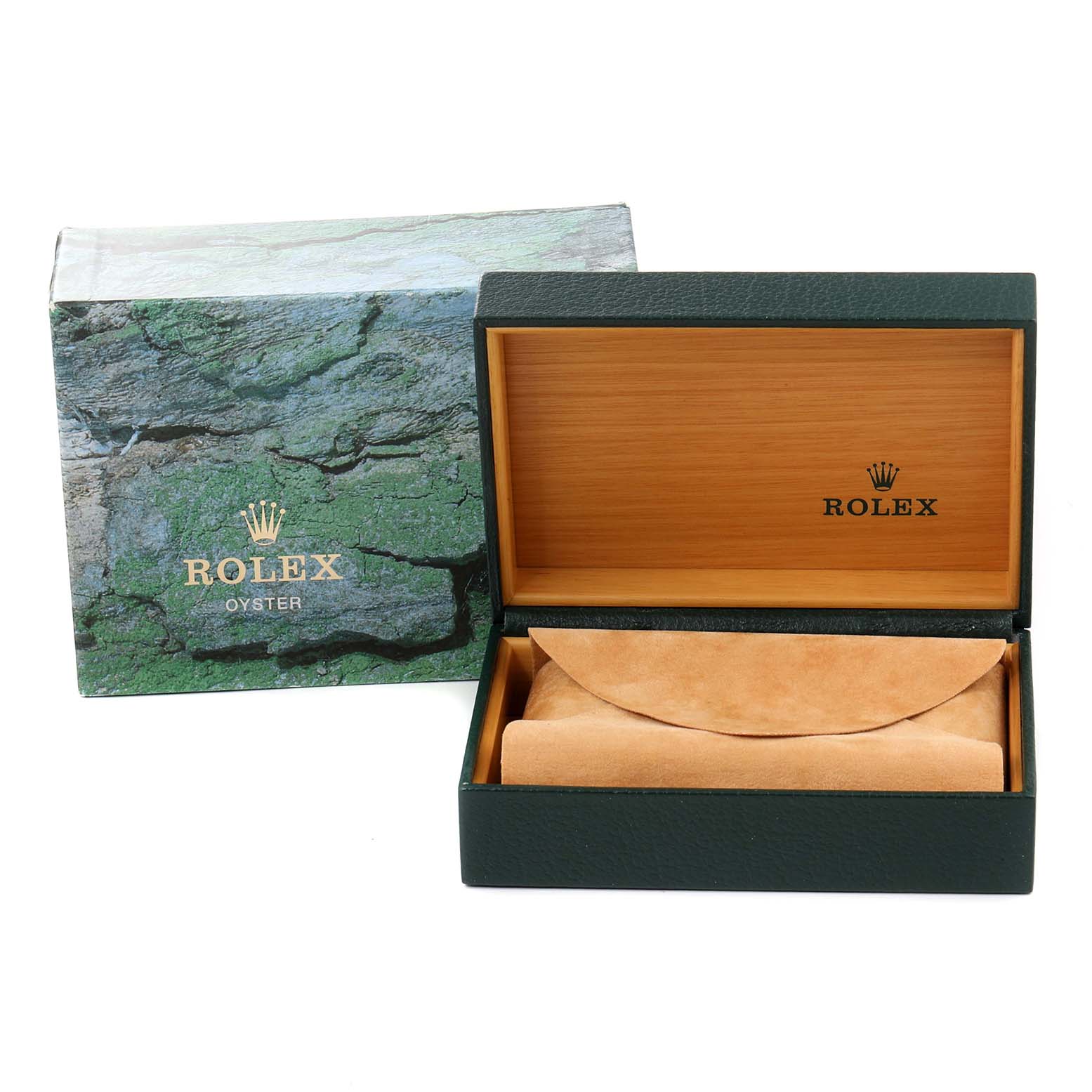 The image shows the open box and outer packaging for a Rolex Date 15223 Men's Steel and Gold (two tone) Blue Dial 15223 Men's Steel and Gold (two tone) Blue Dial watch.