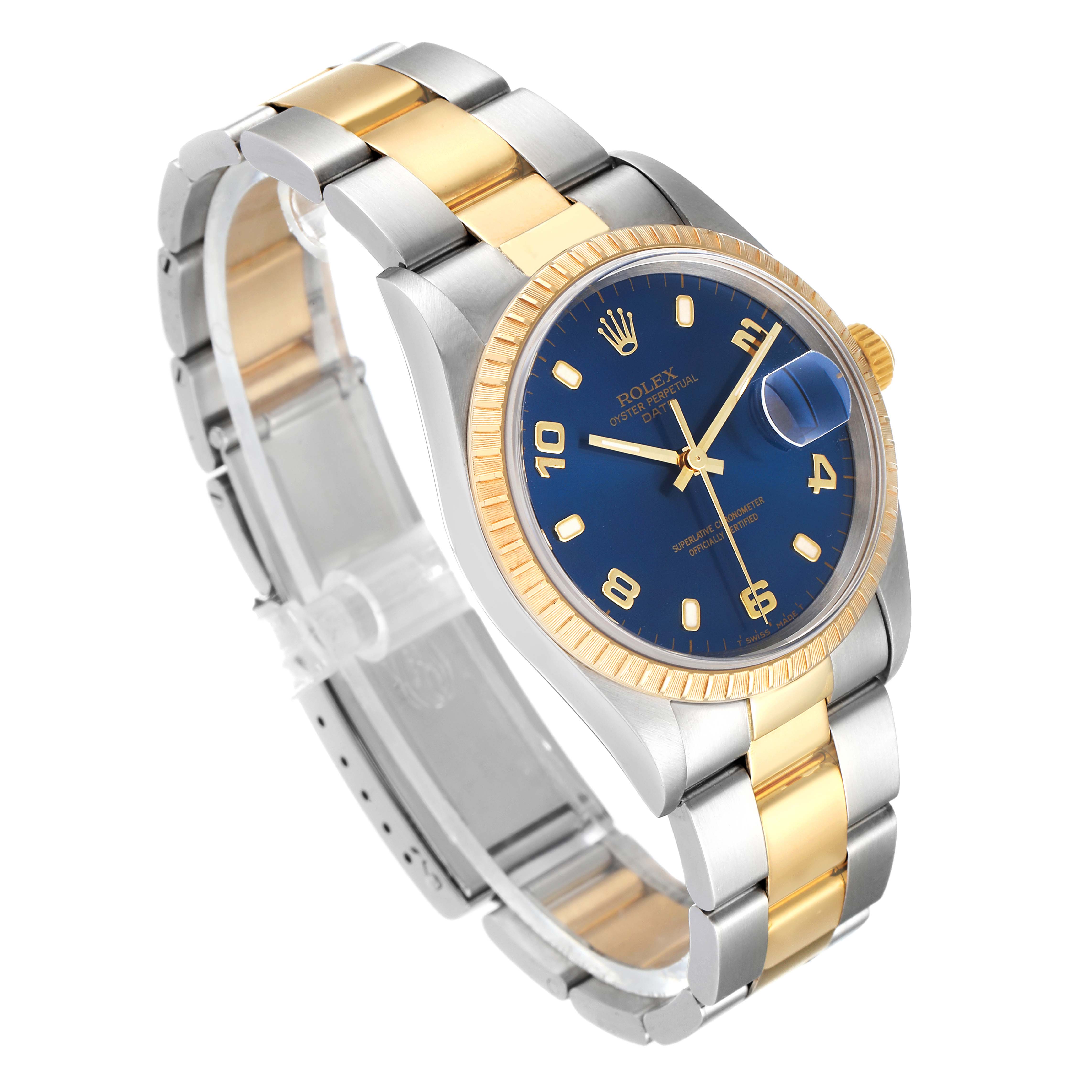 This Rolex Date 15223 Men's Steel and Gold (two tone) Blue Dial 15223 Men's Steel and Gold (two tone) Blue Dial watch is shown at an angle, revealing its face, bezel, crown, and bracelet.