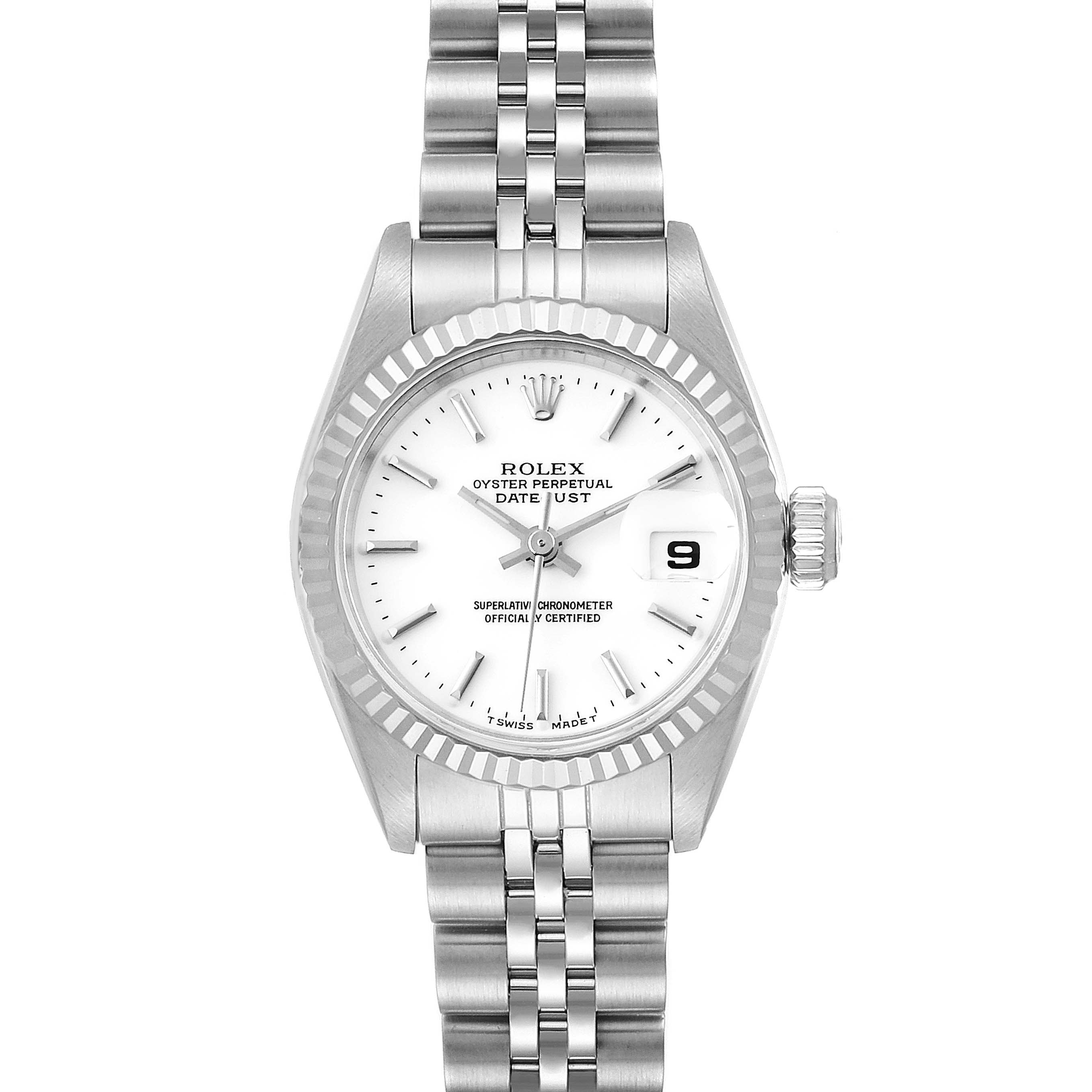 This image shows a Rolex Datejust 69174 Women
s Stainless Steel White Dial 69174 Women
s Stainless Steel White Dial watch from a front view, highlighting the dial, bezel, crown, and bracelet.