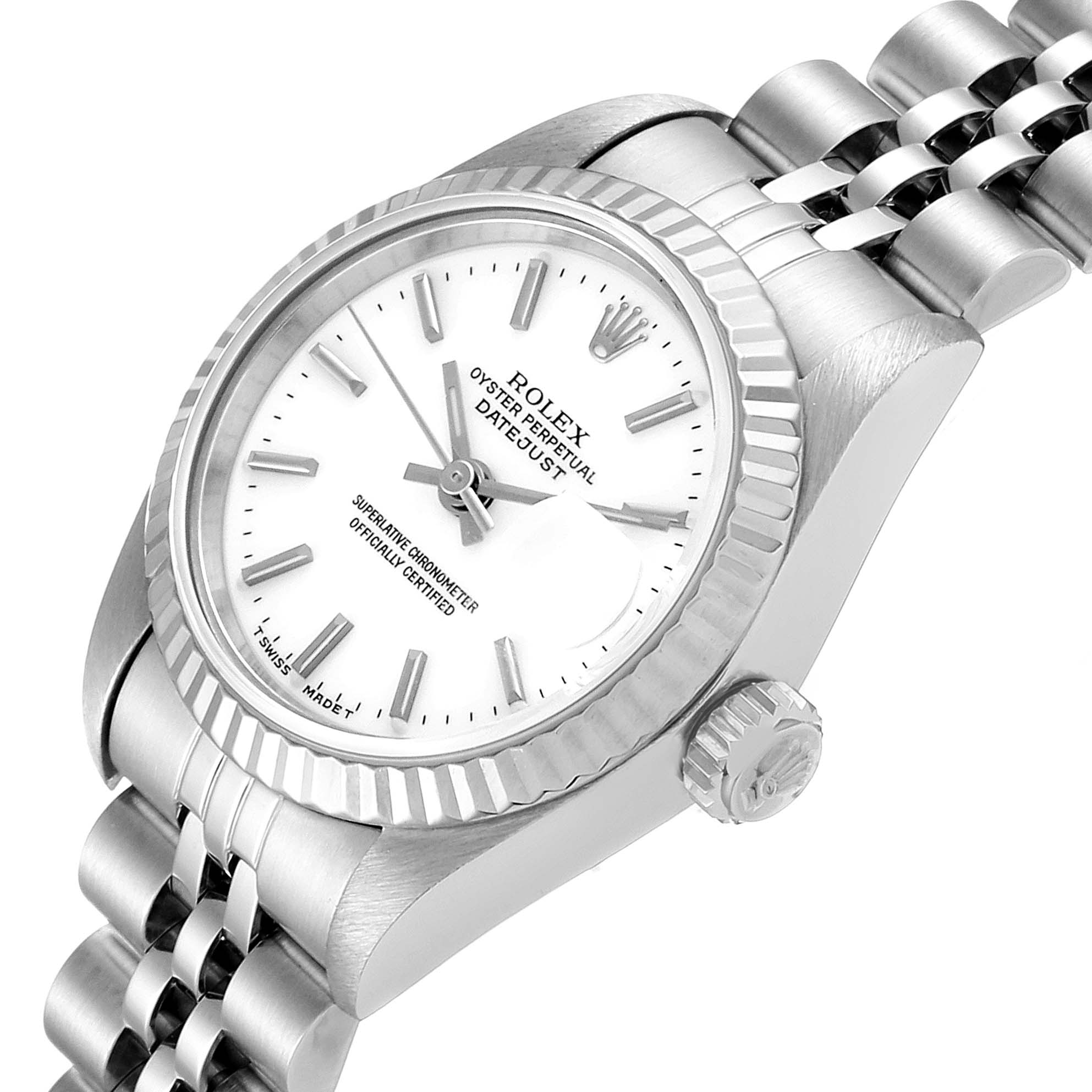 The Rolex Datejust 69174 Women
s Stainless Steel White Dial 69174 Women
s Stainless Steel White Dial watch is shown at an angled close-up, highlighting the face, bezel, crown, and part of the bracelet.
