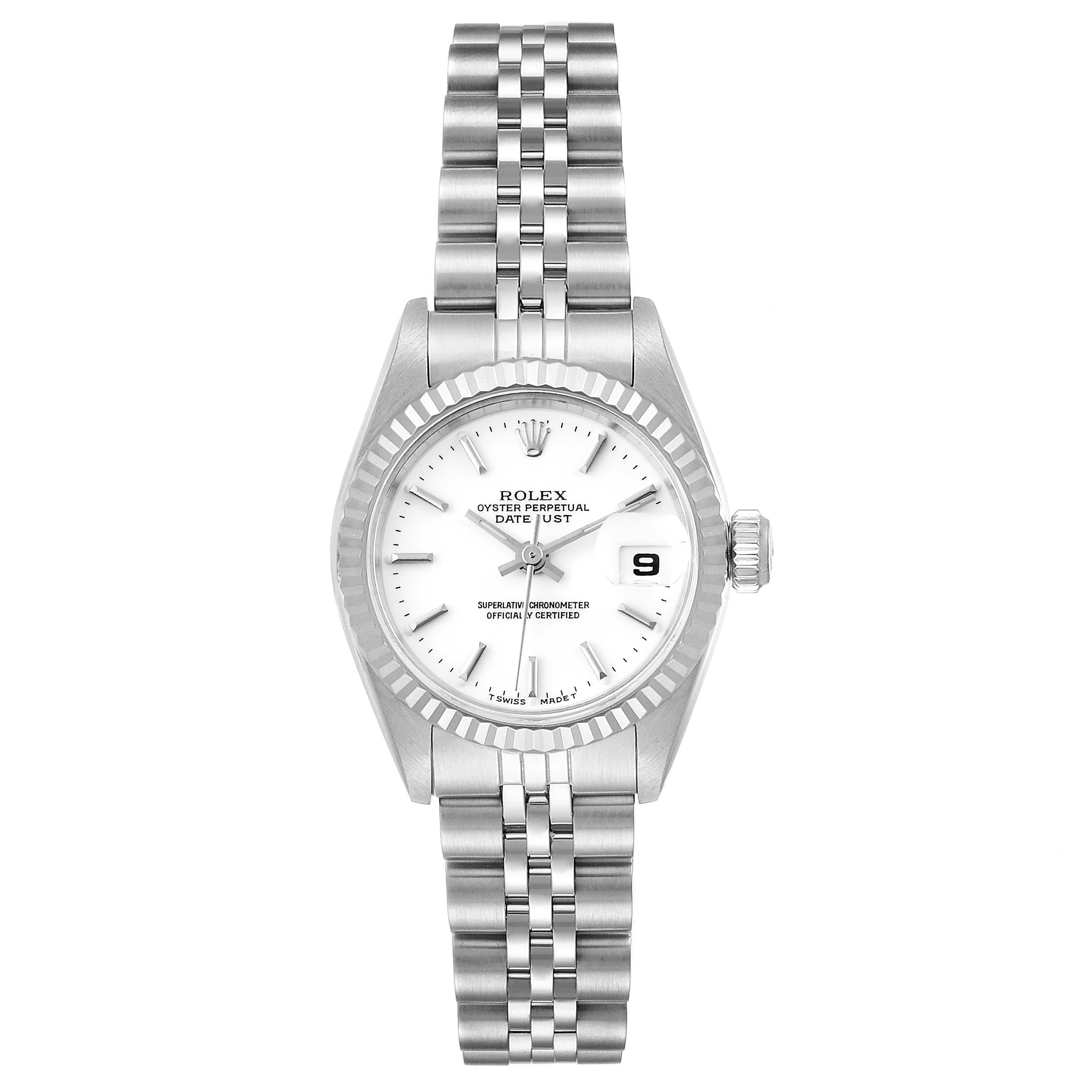 The image shows a frontal view of a Rolex Datejust 69174 Women
s Stainless Steel White Dial 69174 Women
s Stainless Steel White Dial watch, displaying its dial, bezel, and bracelet.