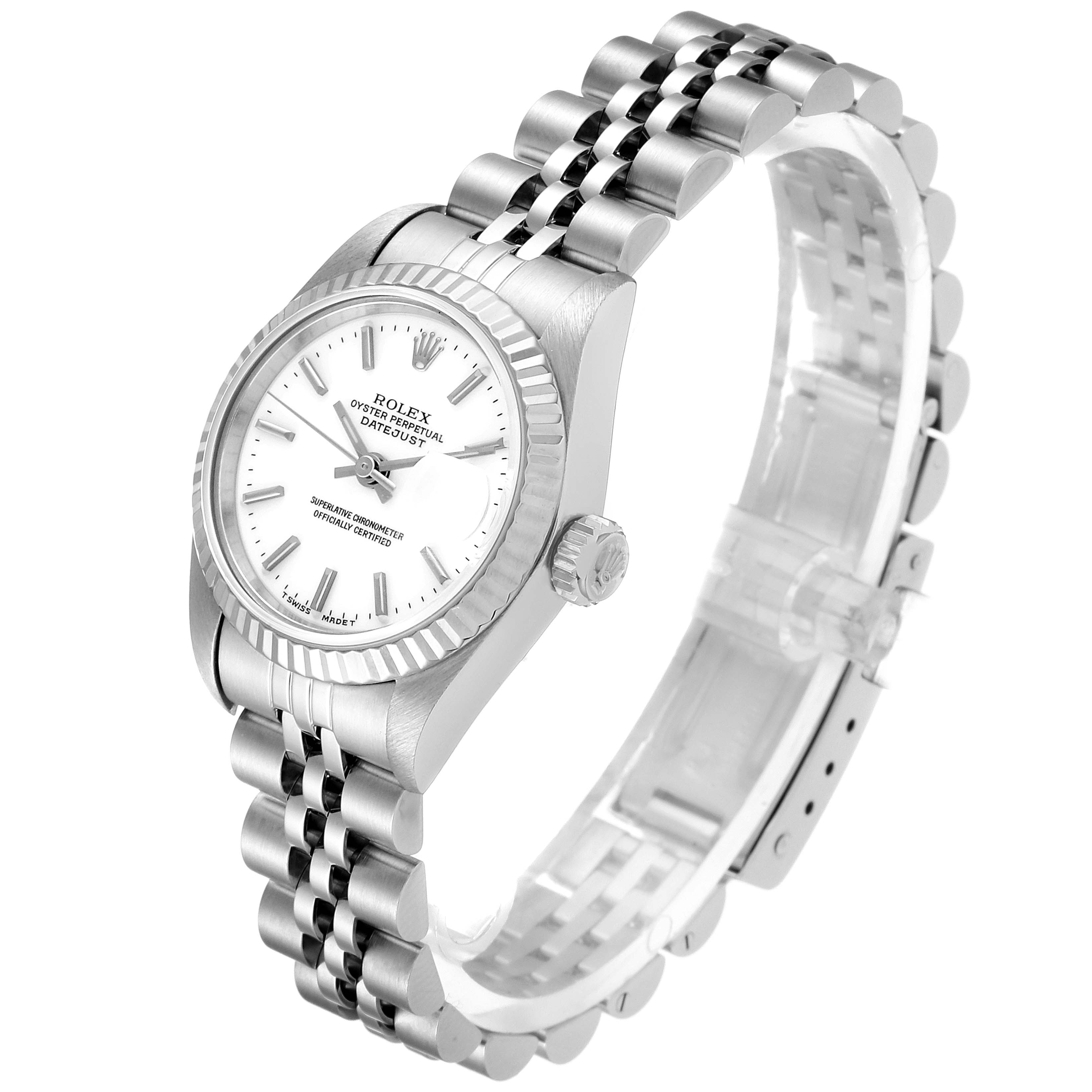 The image shows a side-angle view of a Rolex Datejust 69174 Women
s Stainless Steel White Dial 69174 Women
s Stainless Steel White Dial watch displaying the dial, bezel, crown, and bracelet.