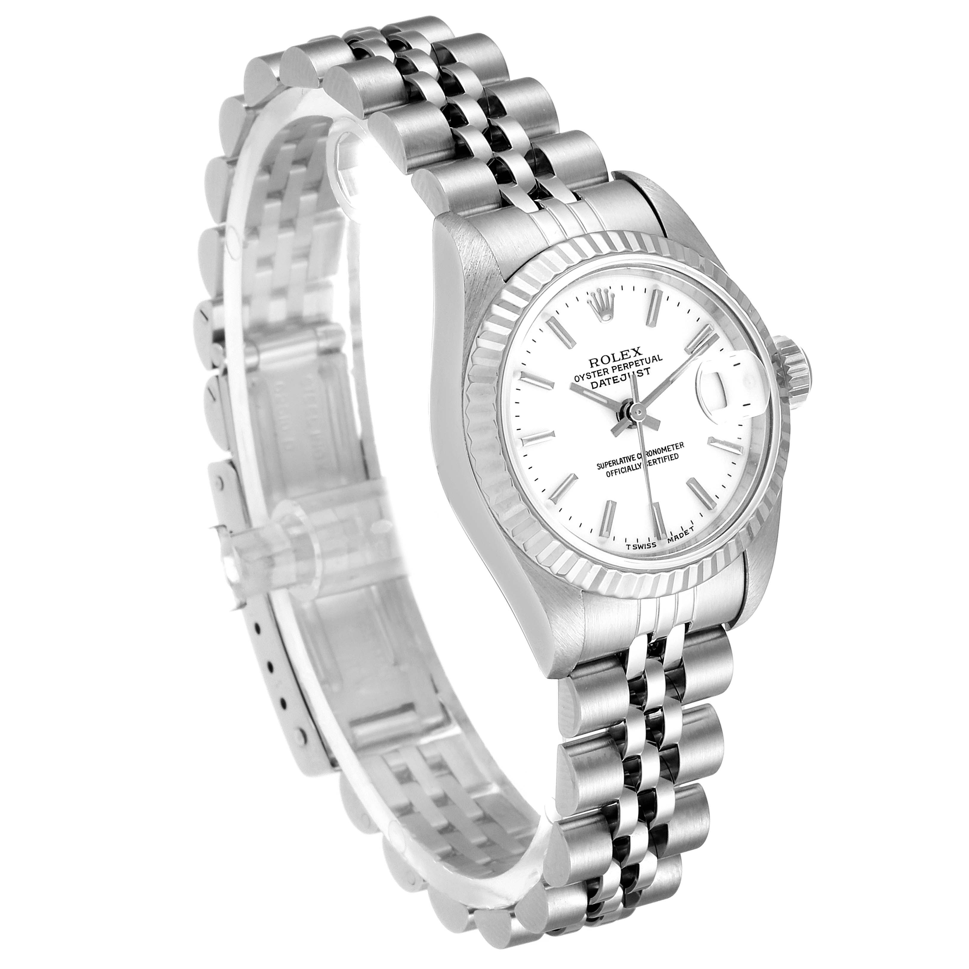 This image shows a Rolex Datejust 69174 Women
s Stainless Steel White Dial 69174 Women
s Stainless Steel White Dial watch from a front-left angle, highlighting its face, bezel, and bracelet.